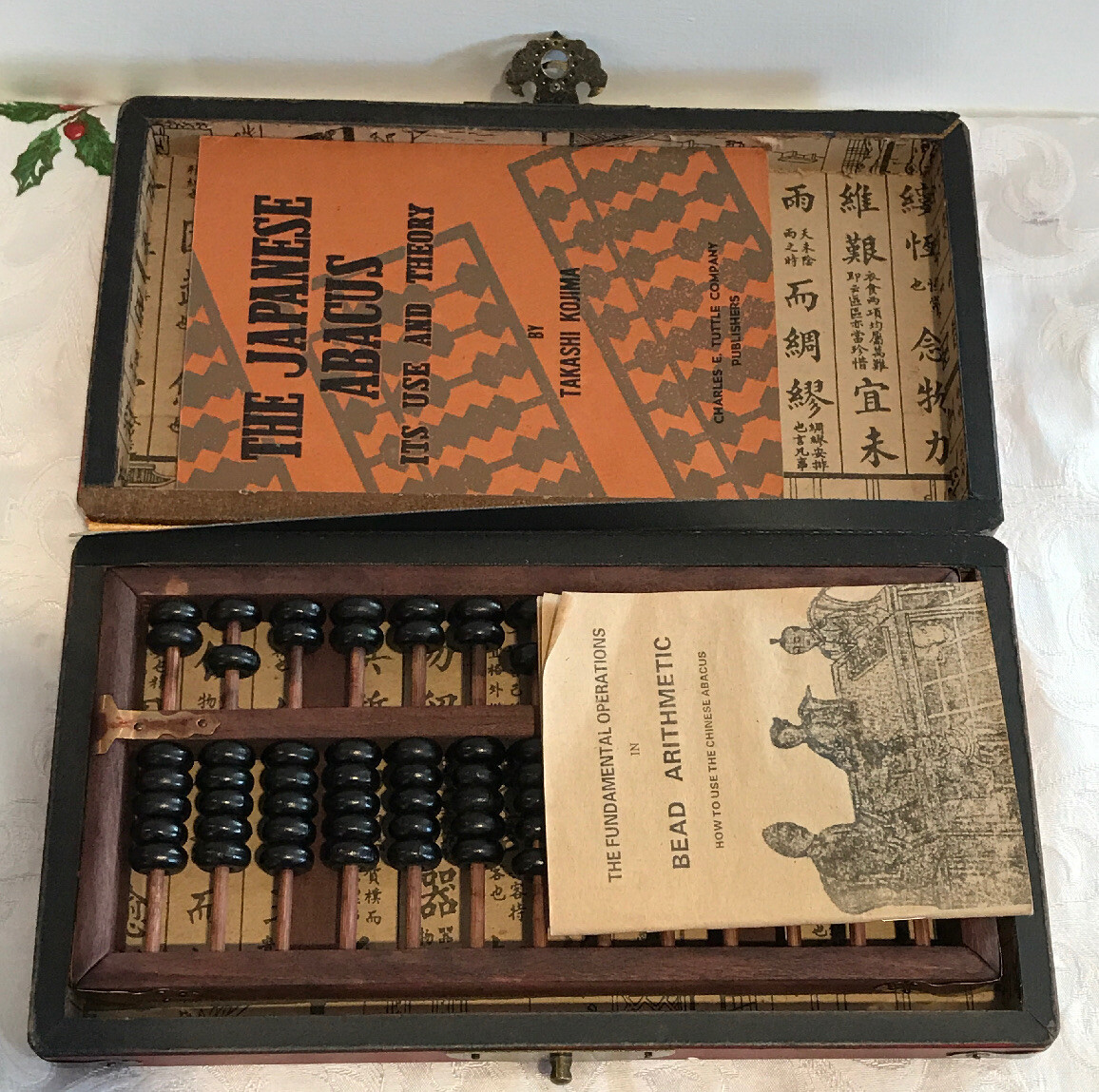 Chinese Abacus HAND dragon phoenix leather wood box