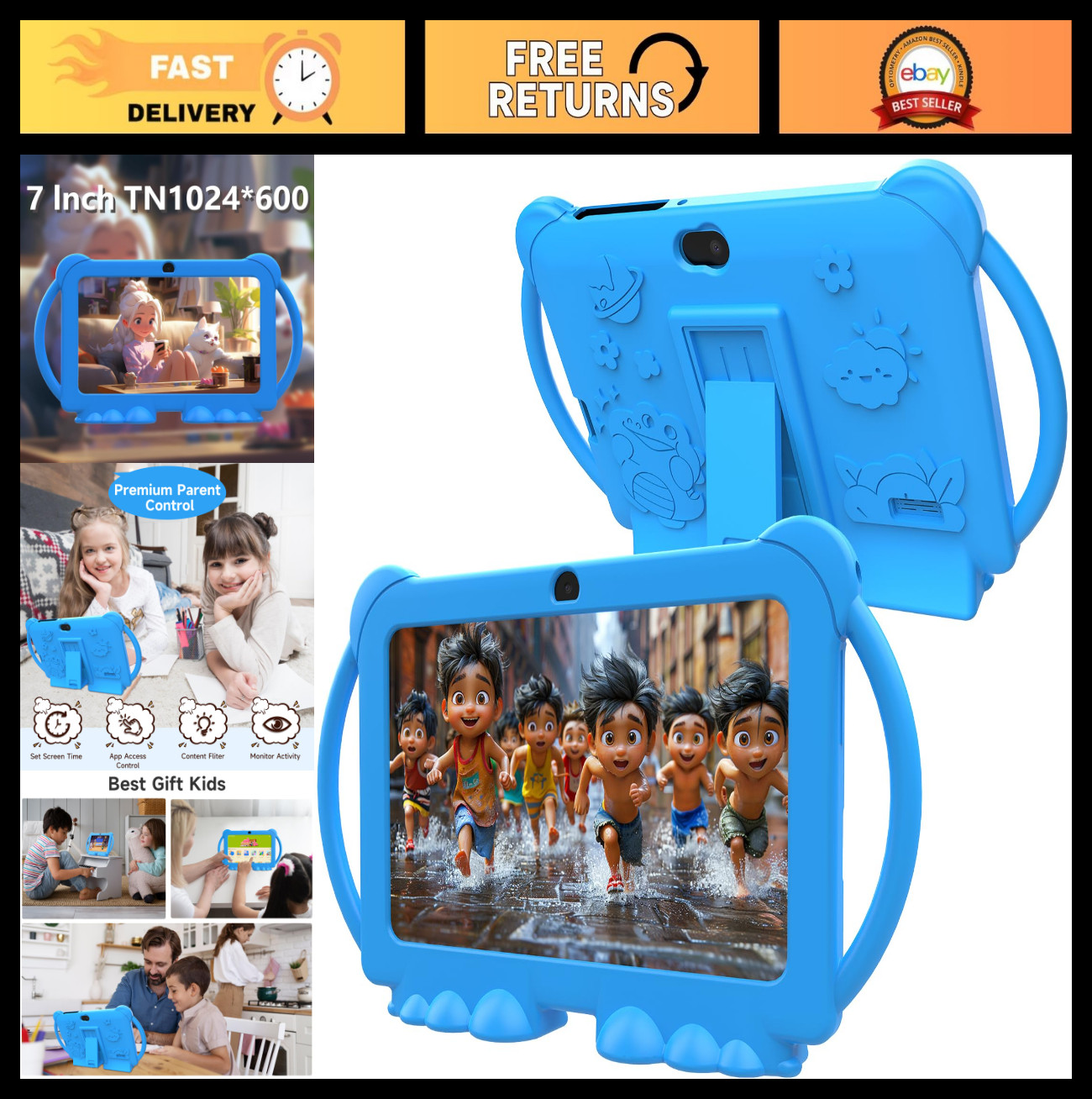 7″ Kids Tablet Android 12.0, 4GB RAM, 32GB Storage, Bluetooth, Dual Camera, Pare