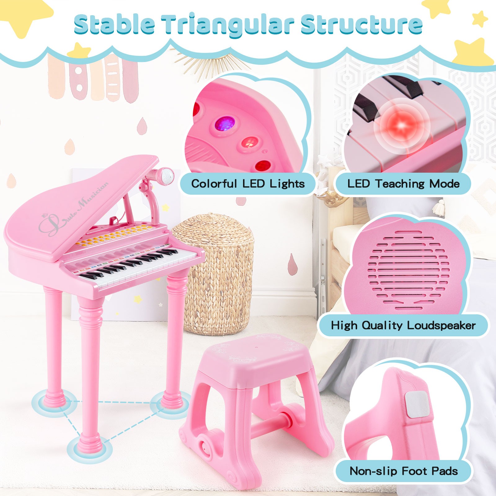 31 Keys Kids Piano Keyboard Toy Toddler Musical Instrument w/ Stool & Microphone