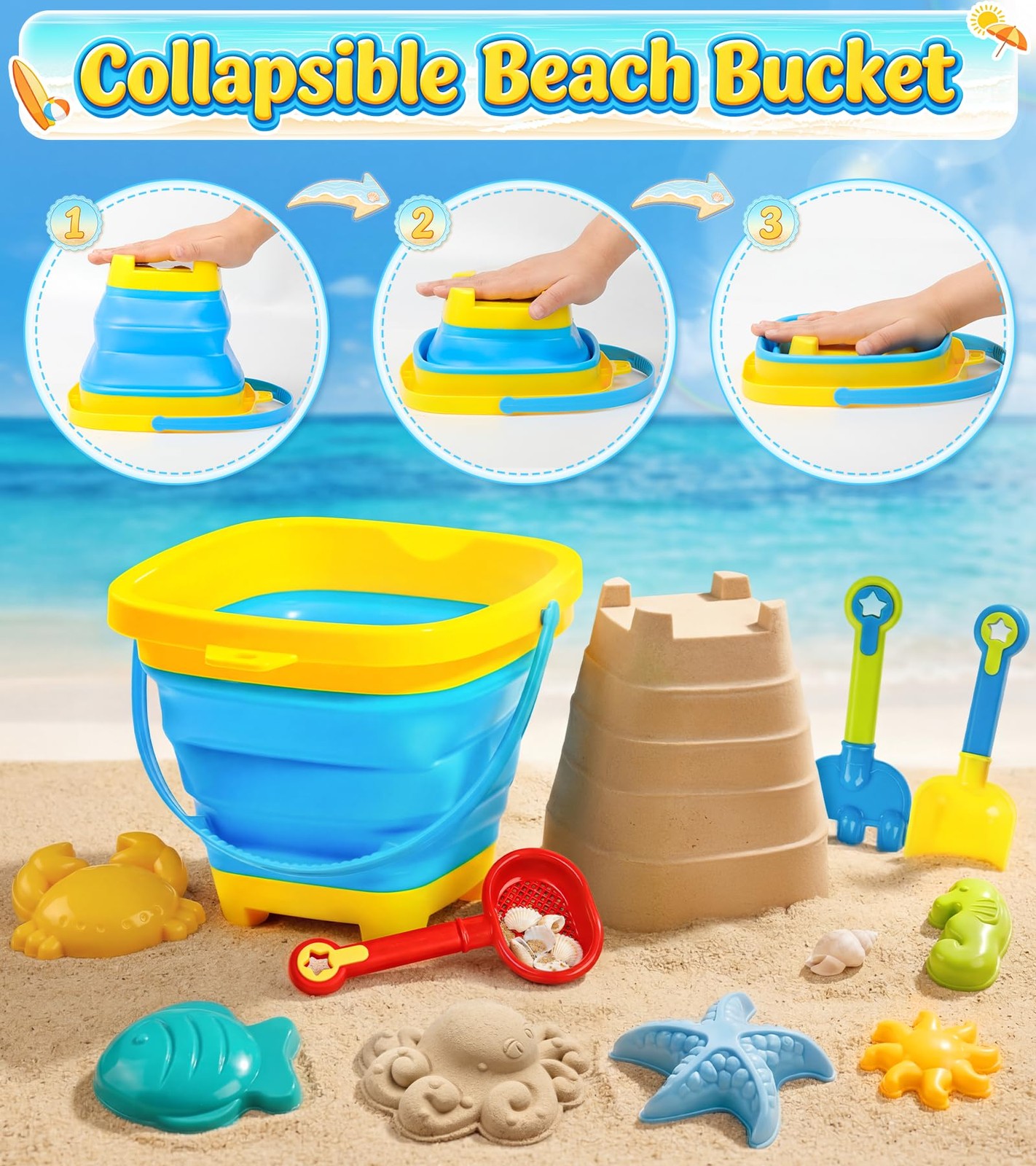 Collapsible Beach Sand Toys for Kids Toddlers, Standard, Multicolor
