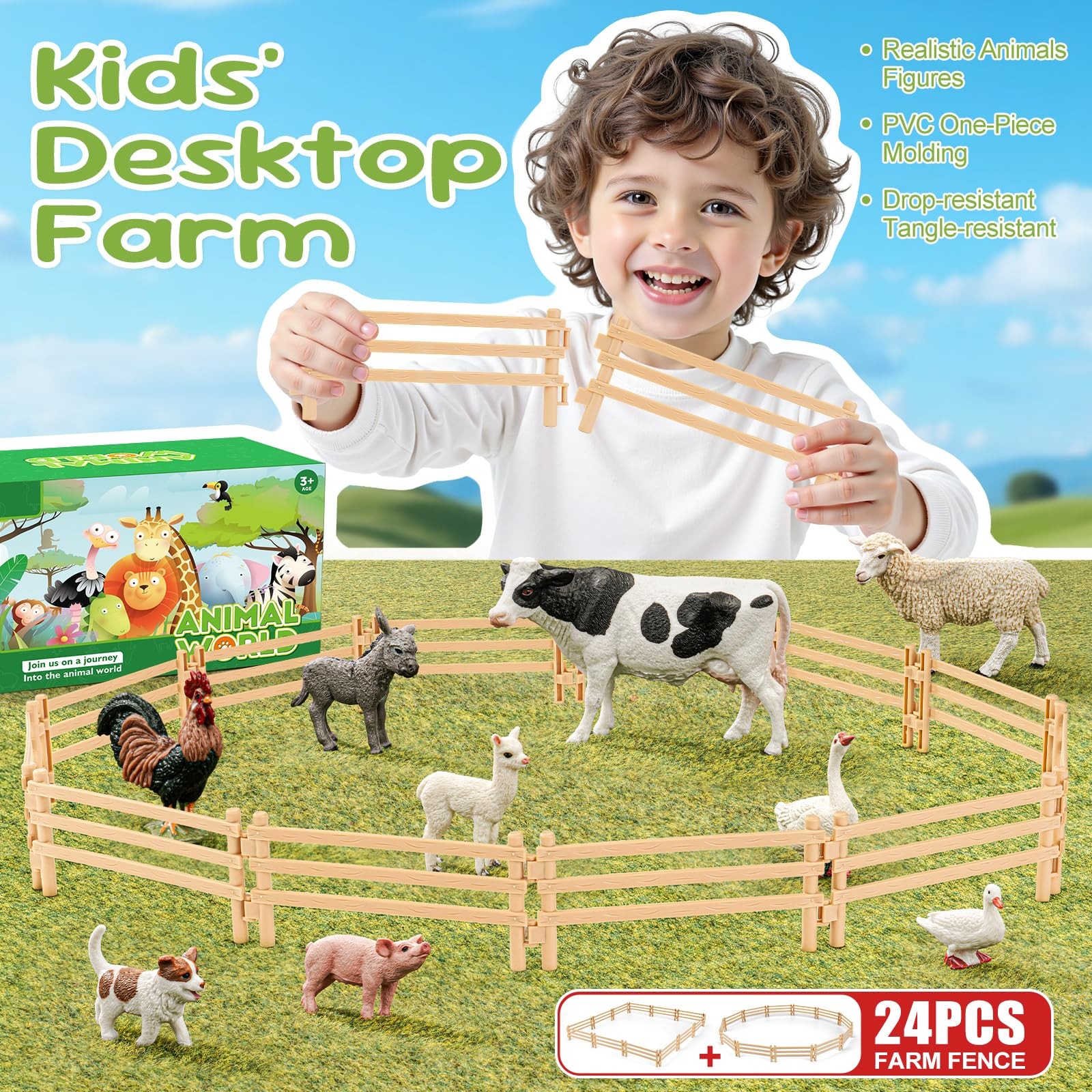 24PCS Farm Animal Toys Corral Fence for Kids Age 3-5 5-7 4-8 Years Olds Boys …