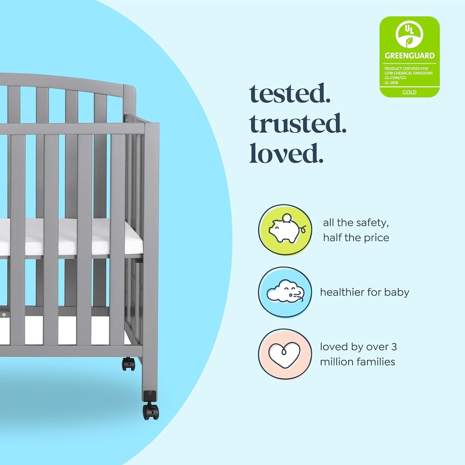 Dylan Folding Portable 3-in-1 Convertible Mini Crib and Twin Bed in Grey, Gre…