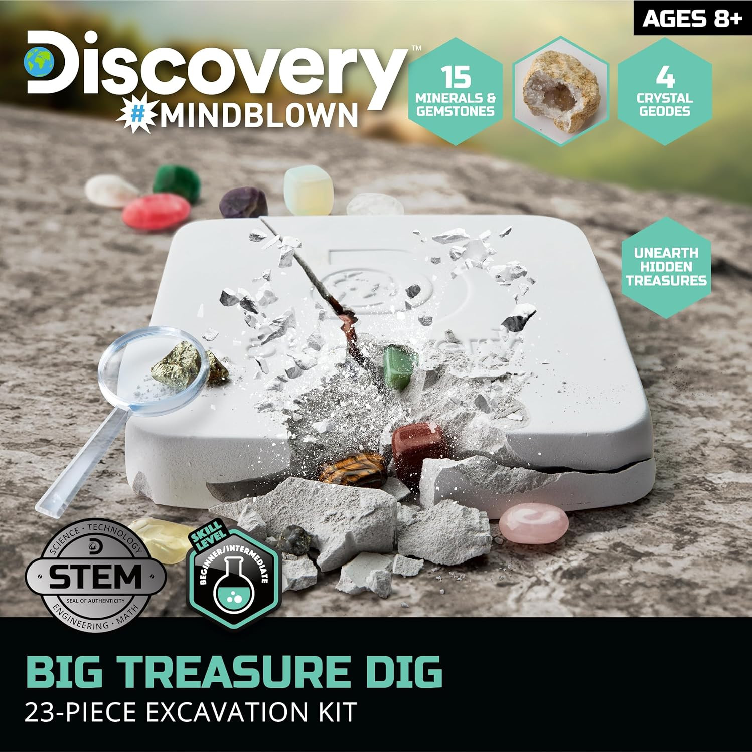 ™ Big Treasure Dig STEM Kit – 23-Piece Excavation Set for Kids| Dig for 15 Gemst