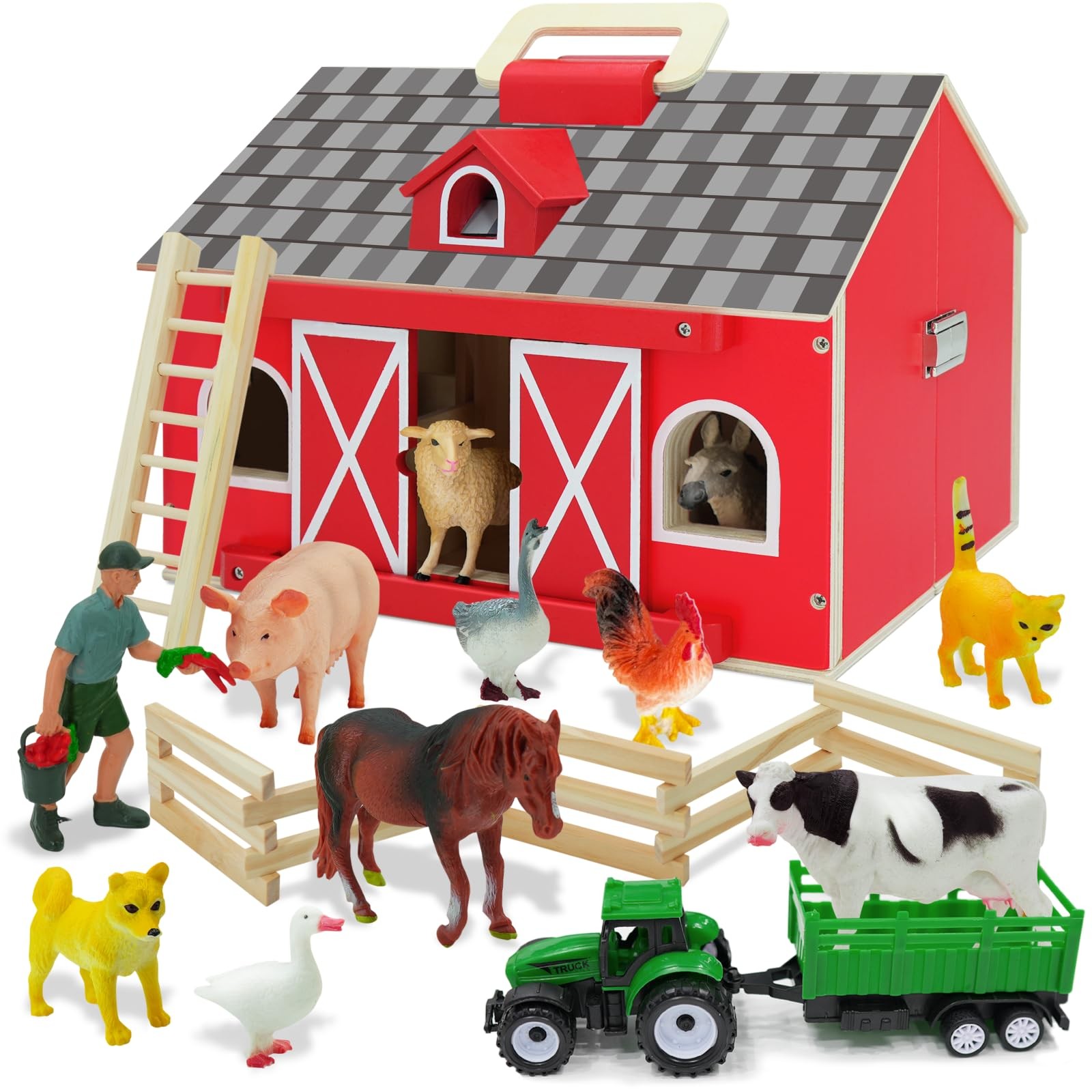 SIMPLIPLAY Farm Animal Toys with Portable Large Wooden Barn for Kids 3+ Years…