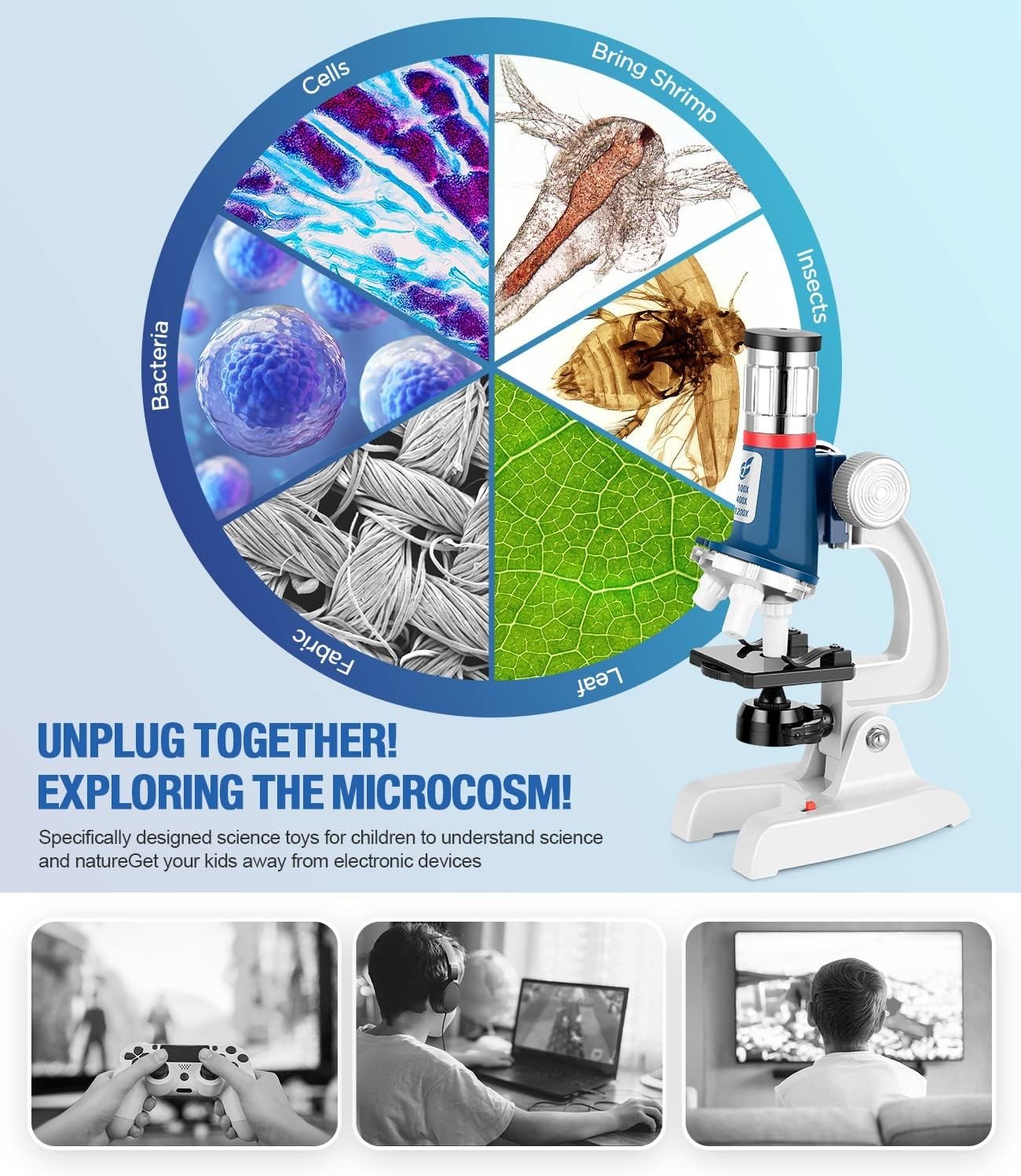 58-Piece Kids Microscope Kit – 100X-1200X Magnification, Metal Body, LED Ligh…
