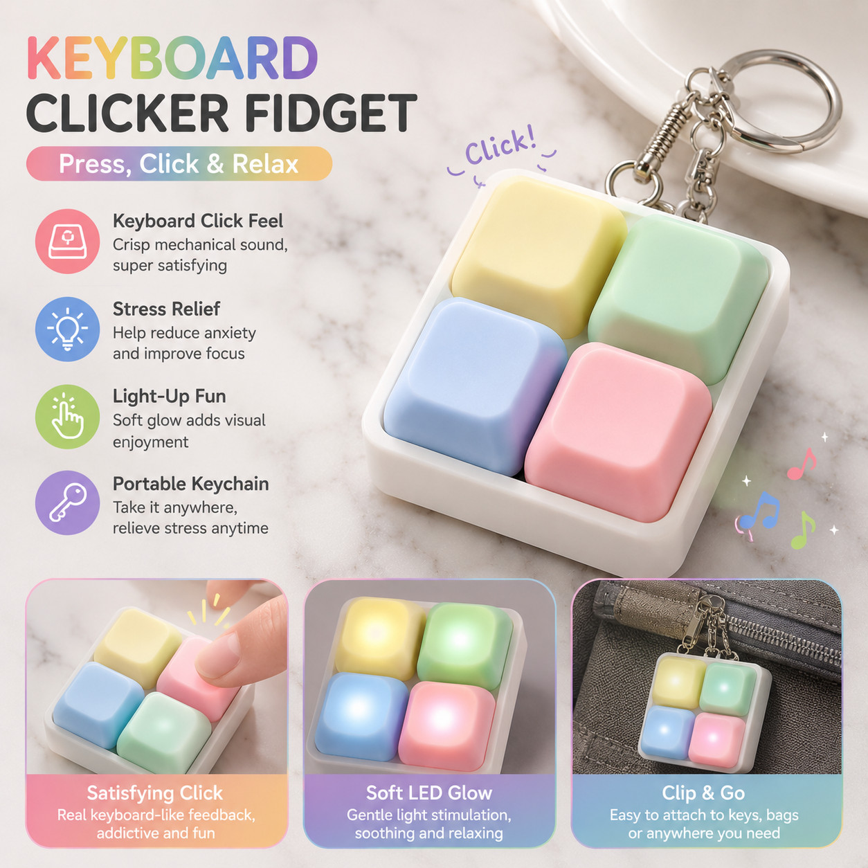 3Pcs Fidget Toys Pain Stimming 4 Button Clicker Keyboard Donut Magnetic Slider