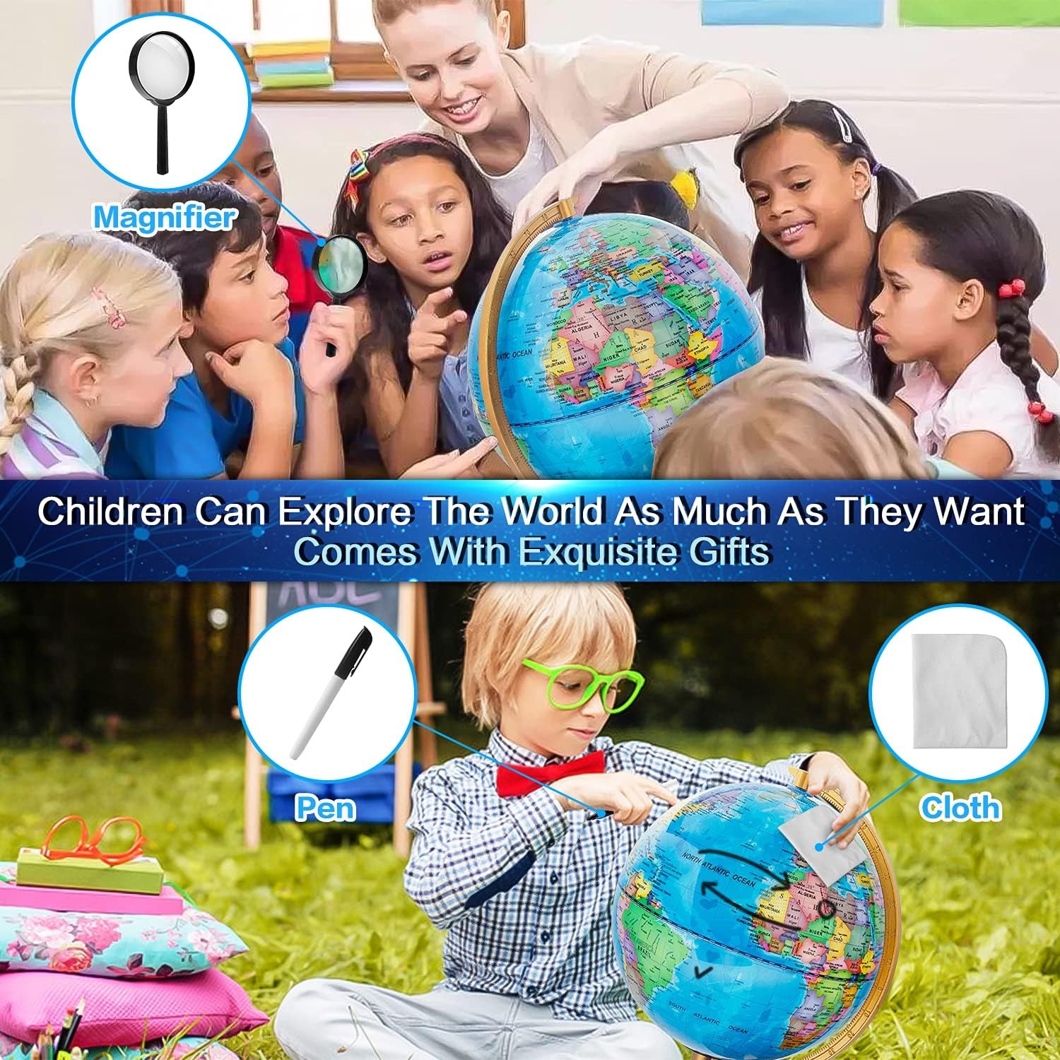 Illuminated 7-In-1 World Globe with Wooden Stand and LED for All Ages