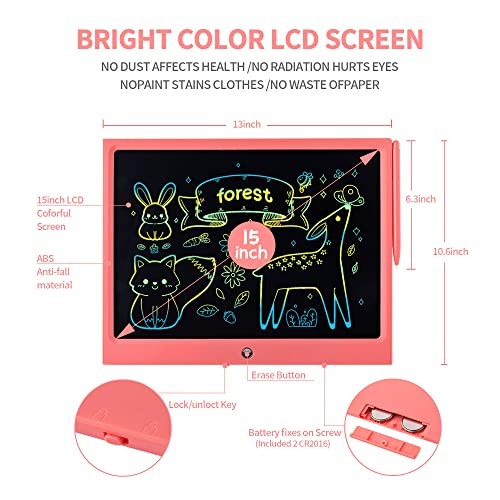 LCD Writing Tablet for Kids, 15 Inch Colorful Electronic Doodle Board 15in Pink