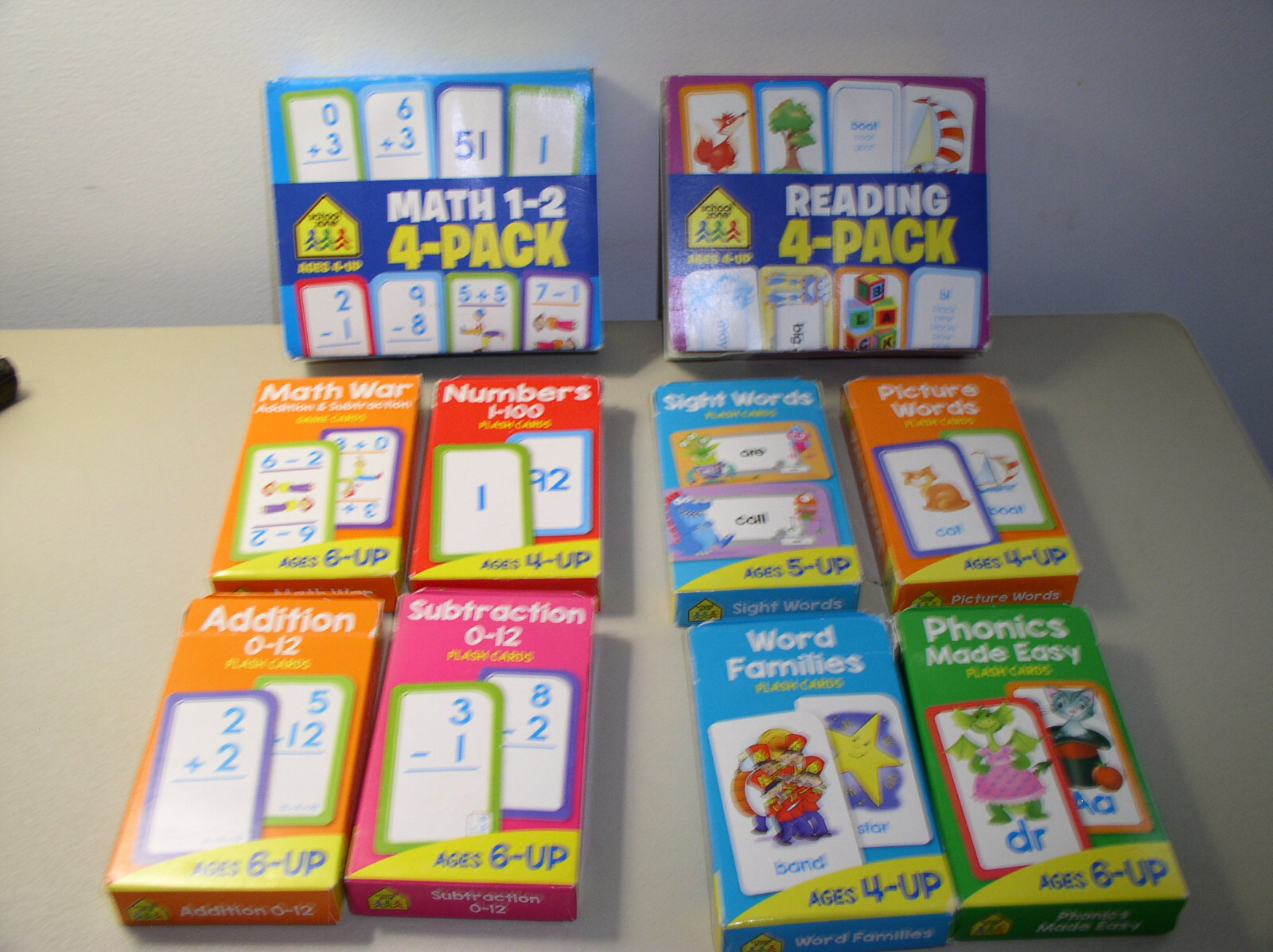 School Zone Flash Cards 4 Pack Math and 4 Pack Reading 8 Packs Ages 4-6 and Up