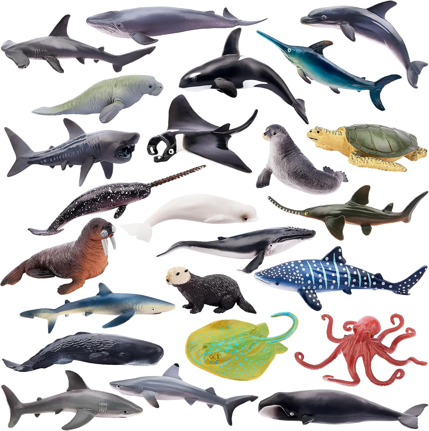 24Pcs Mini Ocean Animal Figurines: Realistic Cake Toppers with Sharks, Whales &