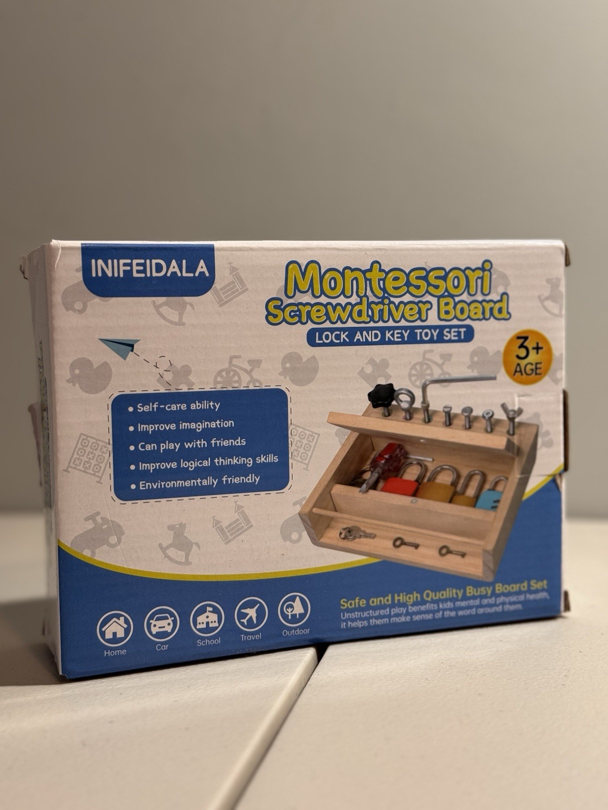 Montessori Busy Board Toy Kids Screwdriver Lock Key Set Wooden Age 3+