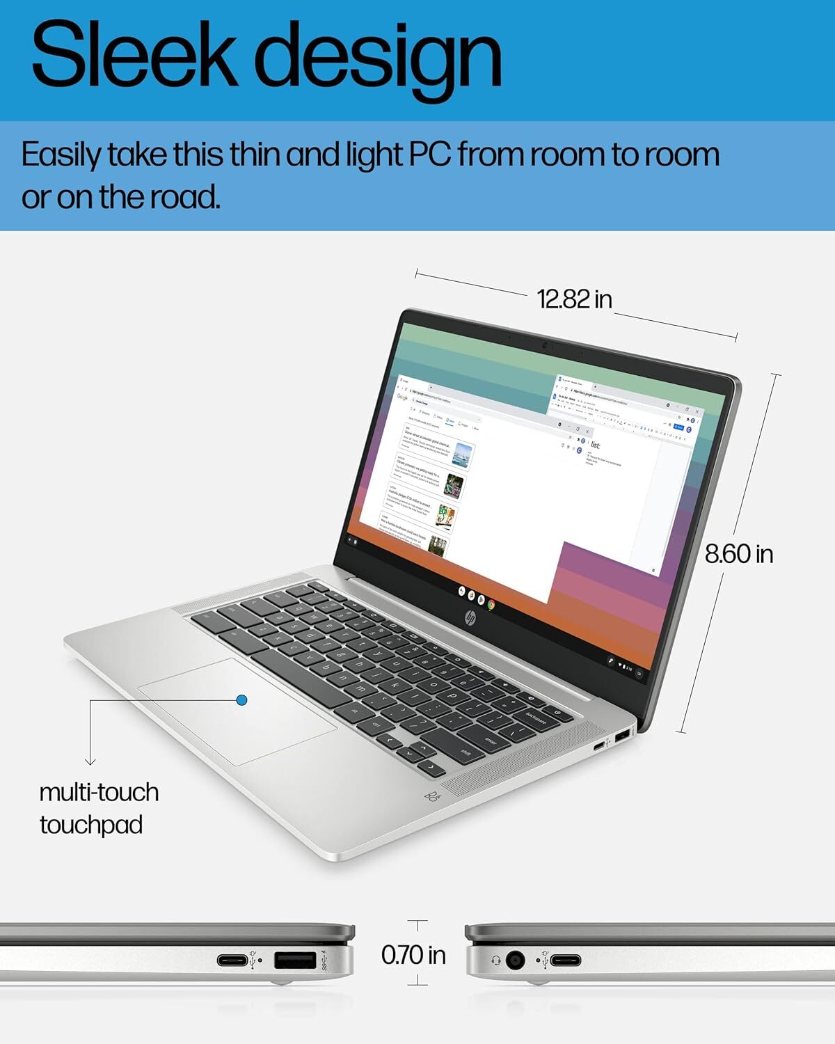 HP Chromebook 14 Laptop, Intel Celeron N4120, 4 GB RAM, 64 GB eMMC, 14″ HD