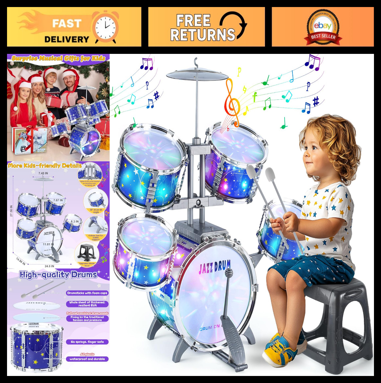 Upgraded Kids Drum Set – Light Up Musical Toy for Toddlers 1-7, Jazz Drums for B