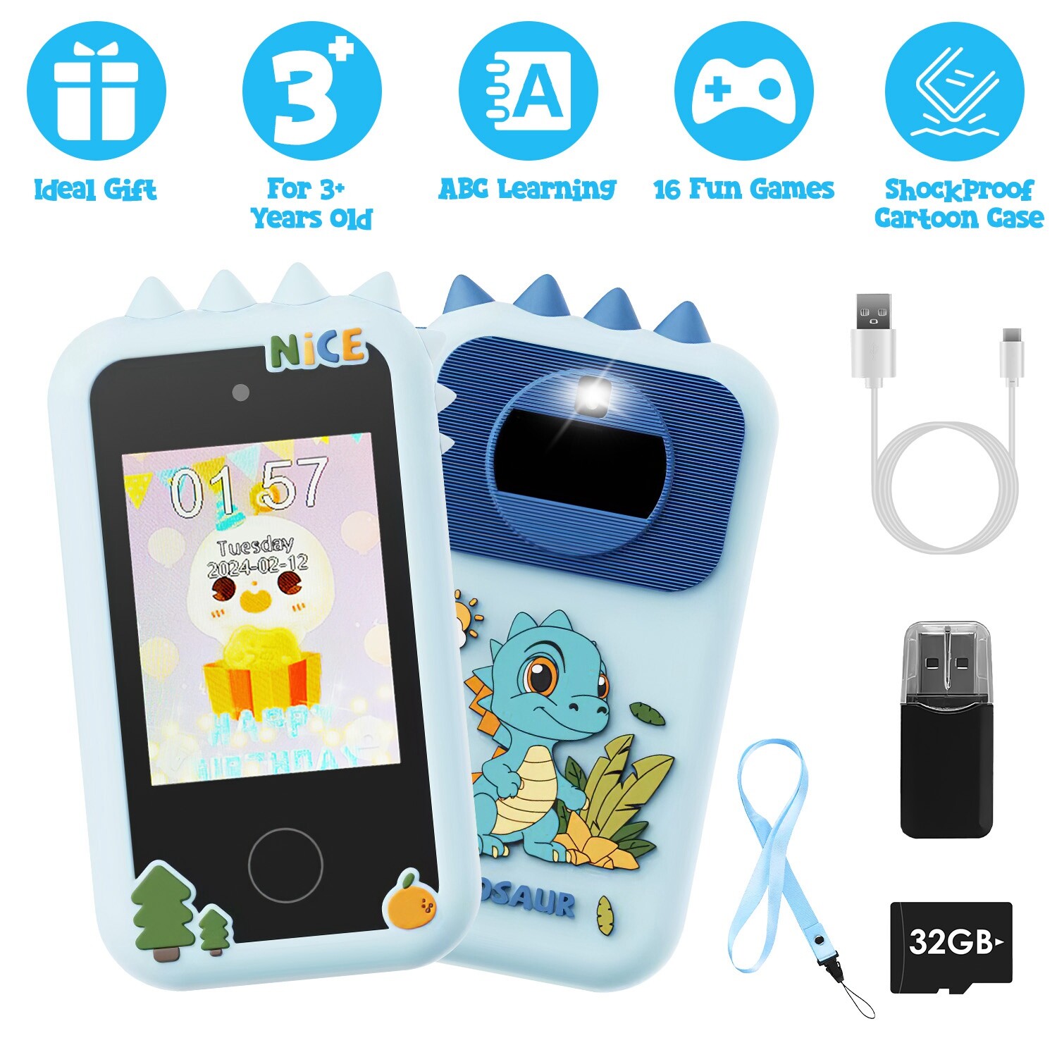 Shockproof Kids Smart Phone for Girls Boy Ages 3-9 Touchscreen Dual Camera Phone