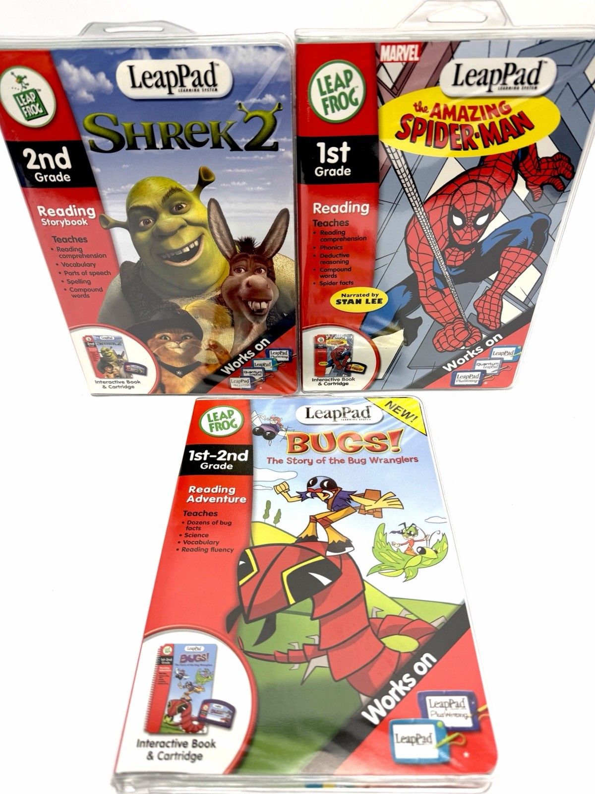 New! LeapPad Books & Cartridges: Spider-Man Shrek2 BUGS! *Sealed*