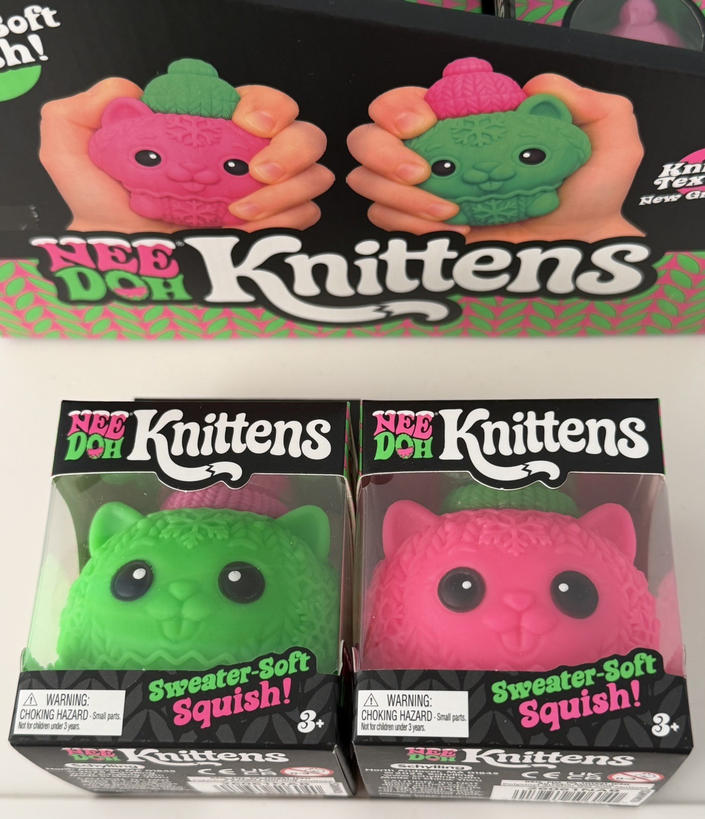 NeeDoh Knitten Bundle Pink & Green Authentic Schylling Sensory Squishy Set