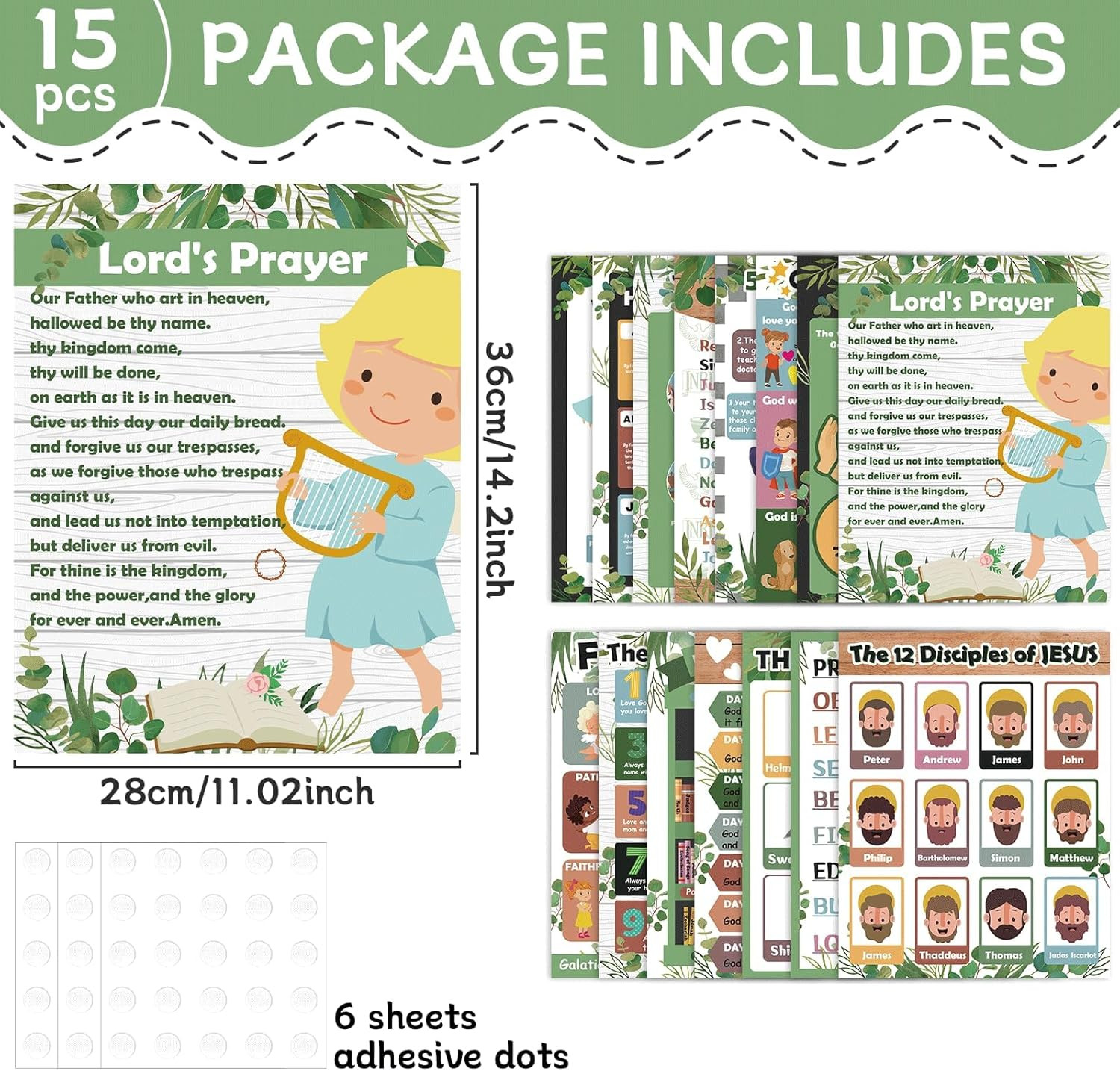 15Pcs Bible Posters for Classroom Sunday School Wall Decor Greenery Christian Bo