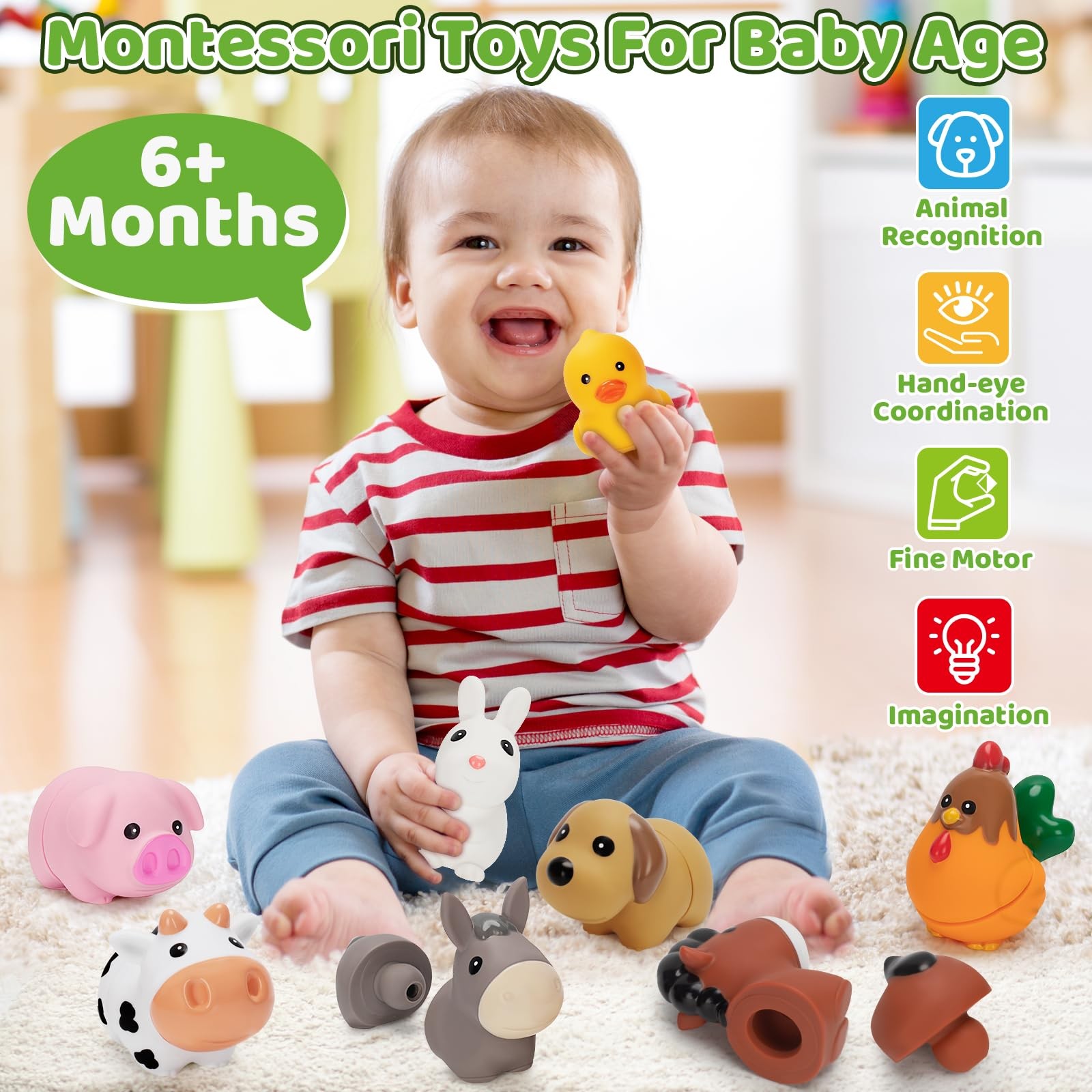 10 Pack Farm Animal Matching Toys, Montessori Gifts for 1-3 Year Old Toddlers