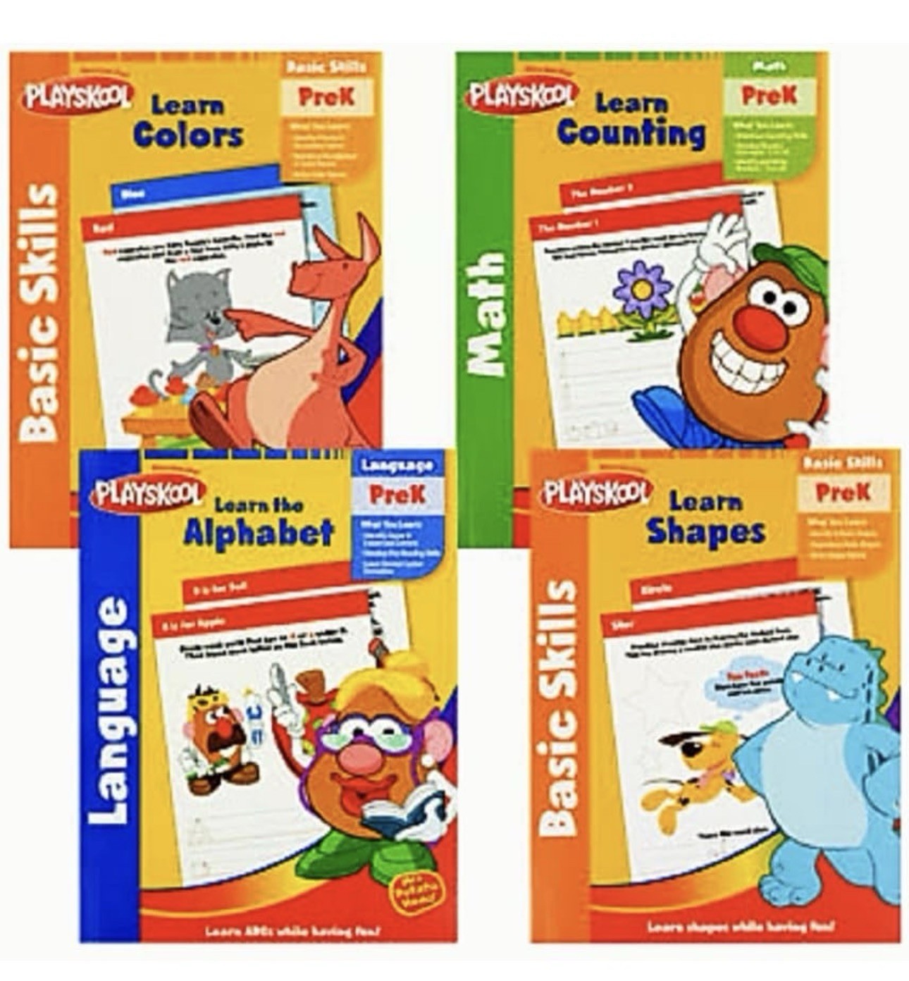 PLAYSKOOL, ALPHABET,COLOR,SHAPES, COUNTING, English, WORKBOOKS Set-4 Pre-K NEW!