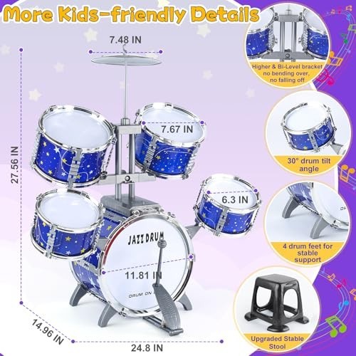 Upgraded Kids Drum Set – Light Up Musical Toy for Toddlers 1-7, Jazz Drums for B