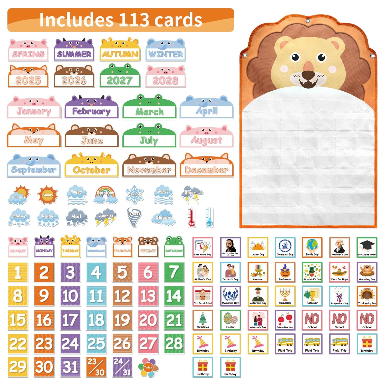 Animal Face Monthly Calendar Pocket Chart for 4 x 6 inches, orange