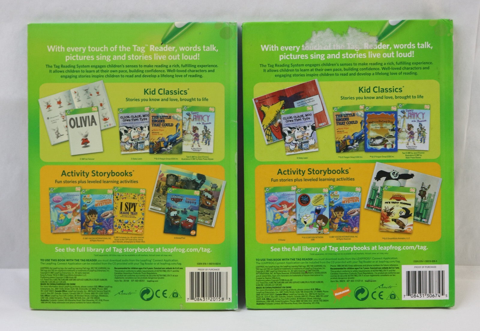 Lot 4 Leapfrog Tag Reader Books Click Clack Moo,Kung Fu Panda, Spongebob, Walter