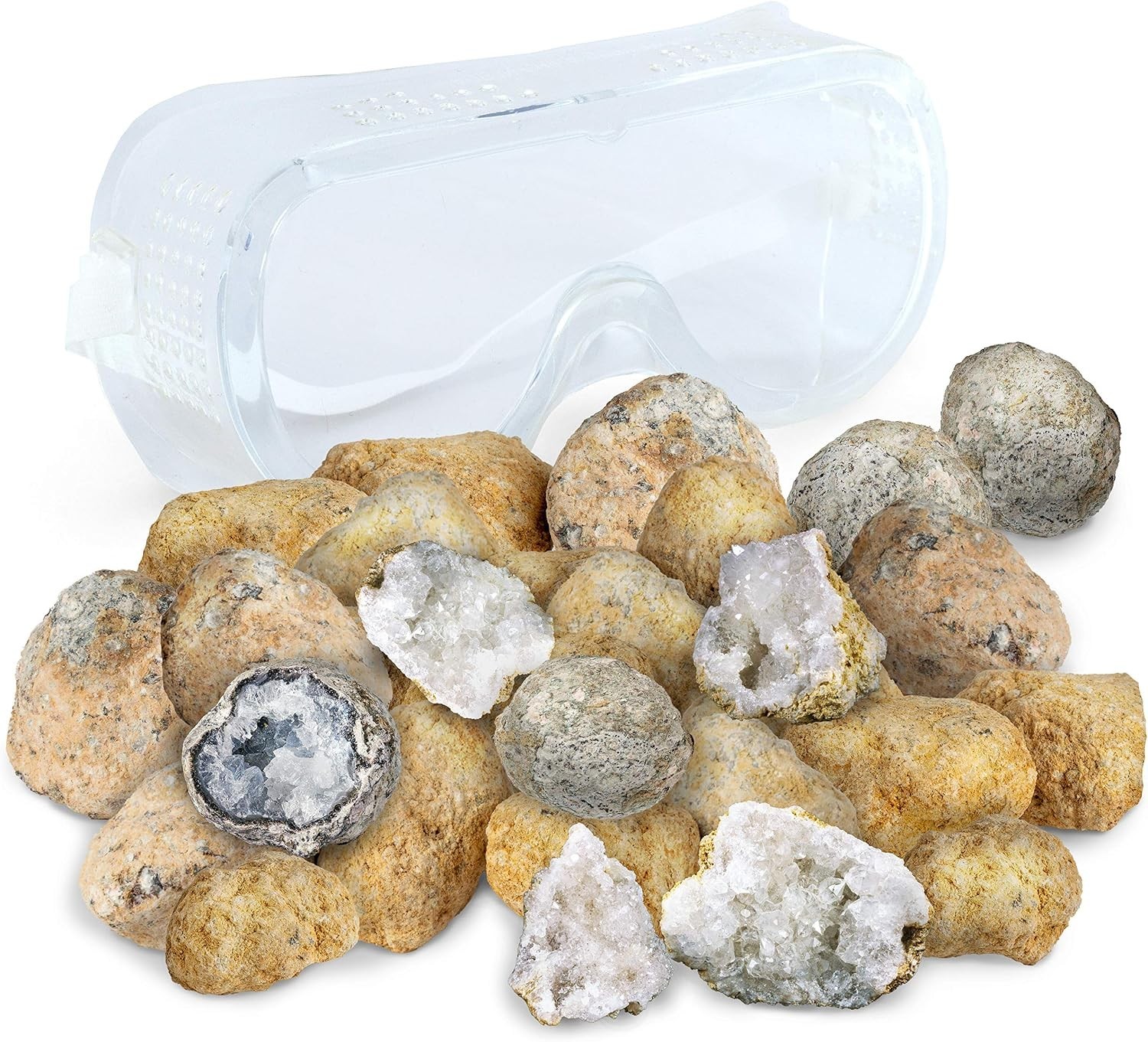 Premium Moroccan Geode Kit, 25 Large 1″-3″ Geodes, Safety Goggles