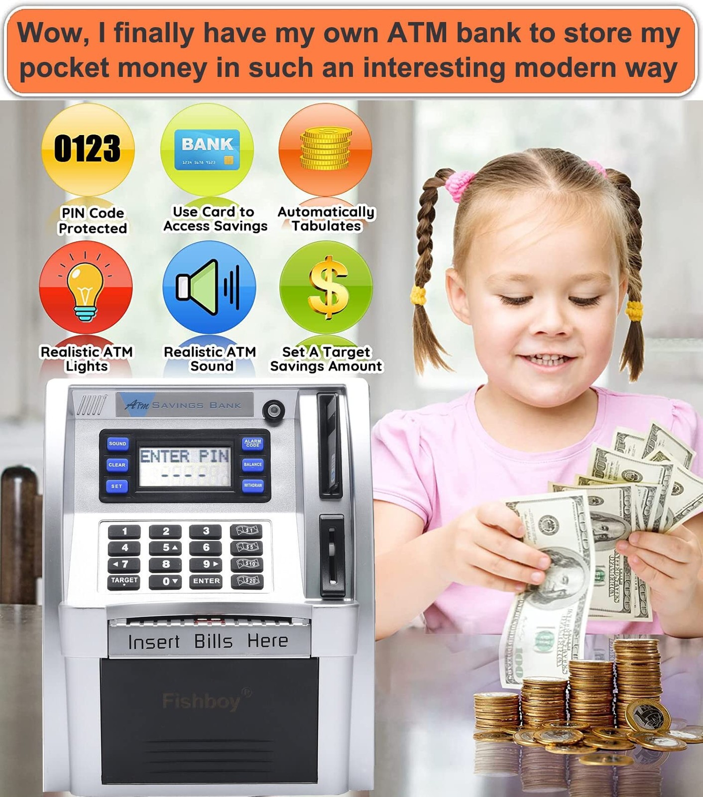 Fishboy ATM Piggy Bank for Kids with Power-Off Memory and Debit Card for Real…