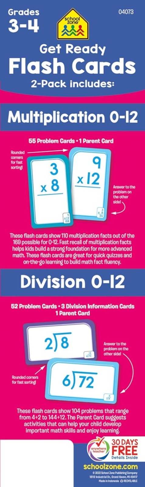 School Zone 112 Math Flash Cards for Multiplication & Division – Ages 8+, 2-Pack