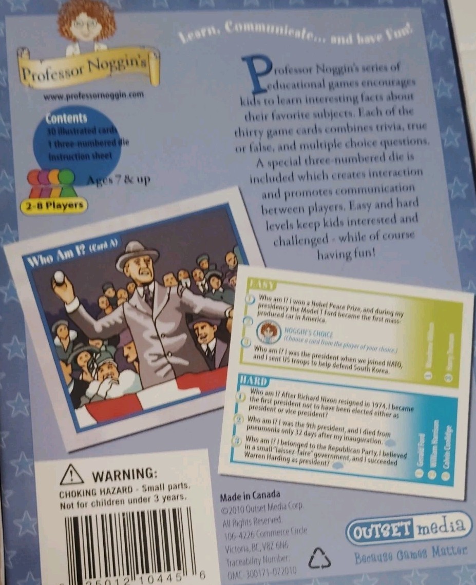 Professor Noggin’s Presidents of the United States Card Game ages 7+ 2-8 players