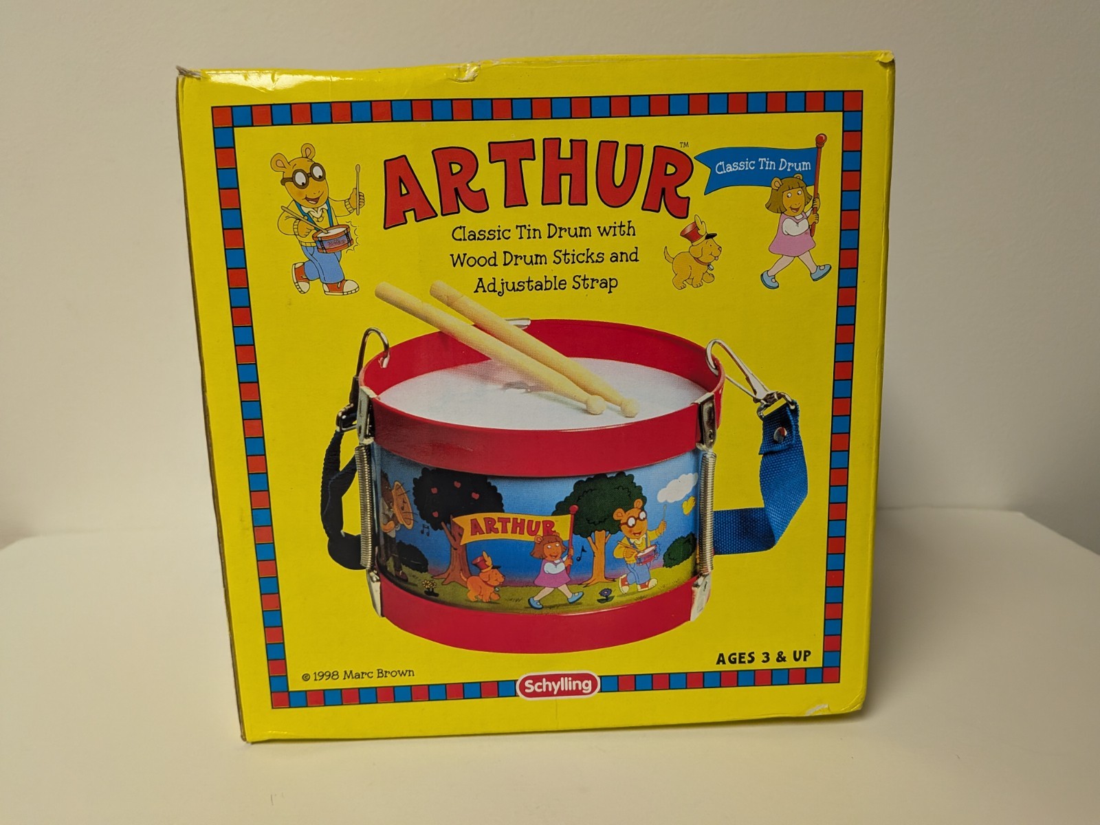 Vintage ARTHUR Schylling Tin Drum Toy w/ Drumsticks Adjustable Strap 1998 PBS