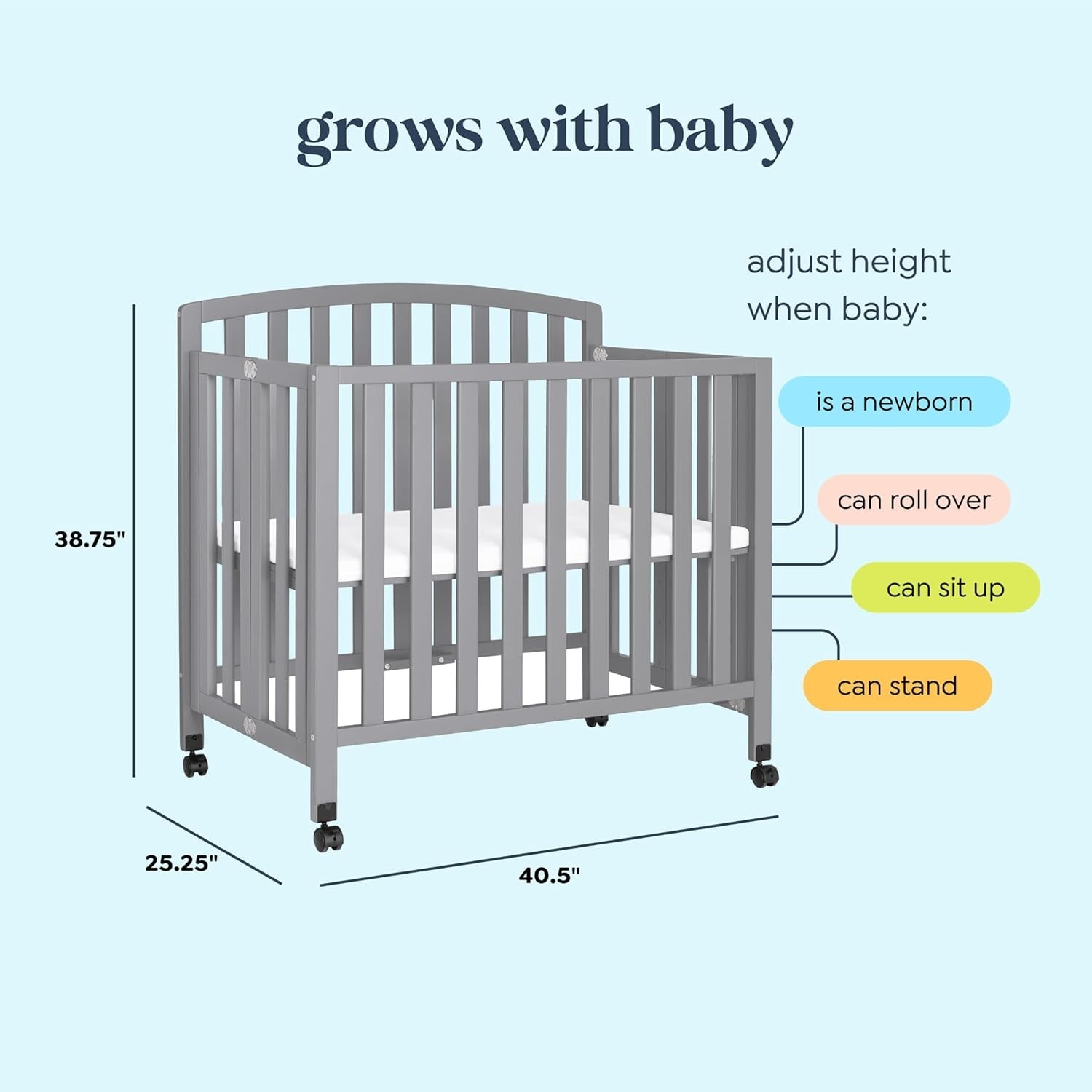 Dylan Folding Portable 3-in-1 Convertible Mini Crib and Twin Bed in Grey, Gre…