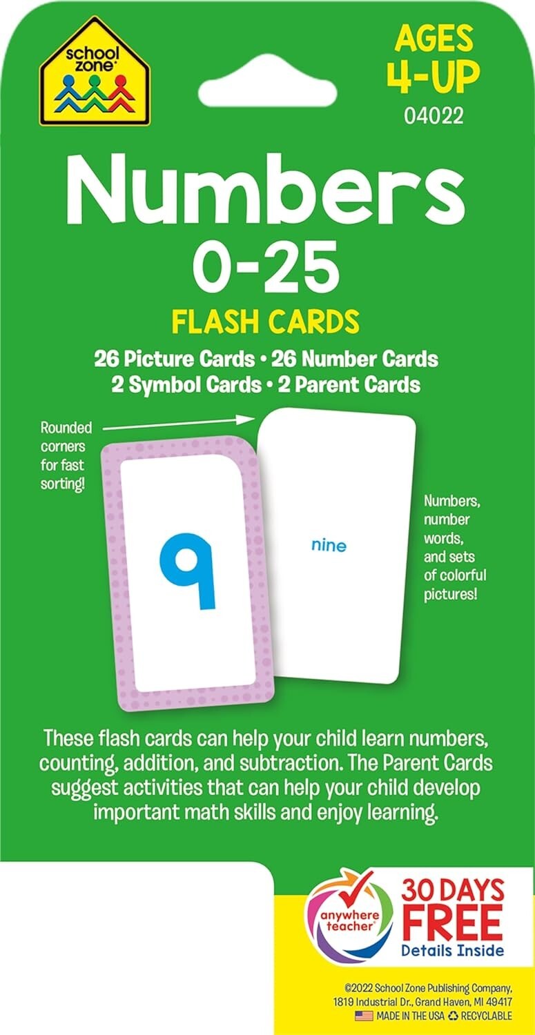 School Zone Numbers Flash Cards: Toddler, Preschool, Kindergarten, Learn Math, A