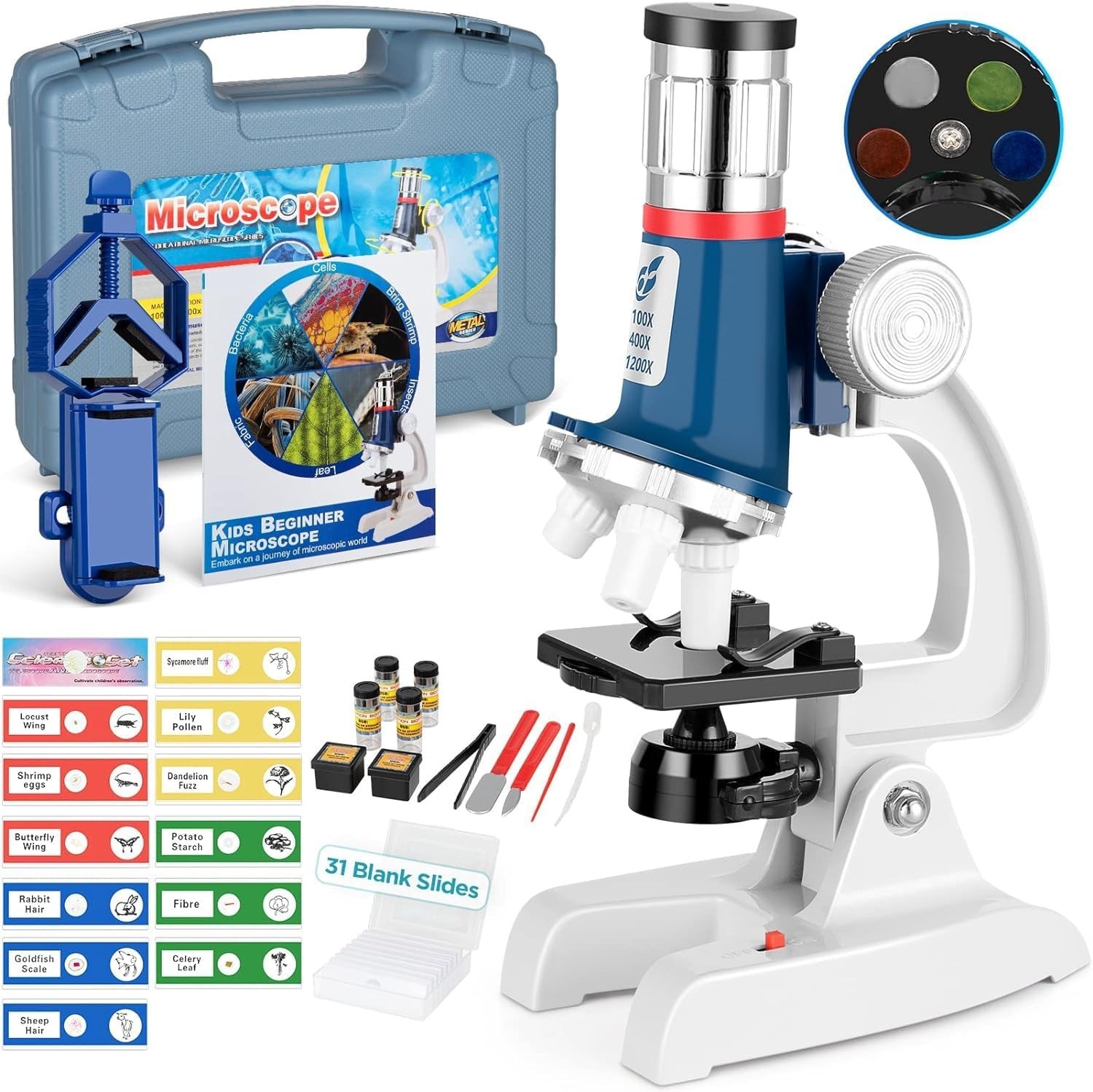 58-Piece Kids Microscope Kit – 100X-1200X Magnification, Metal Body, LED Ligh…