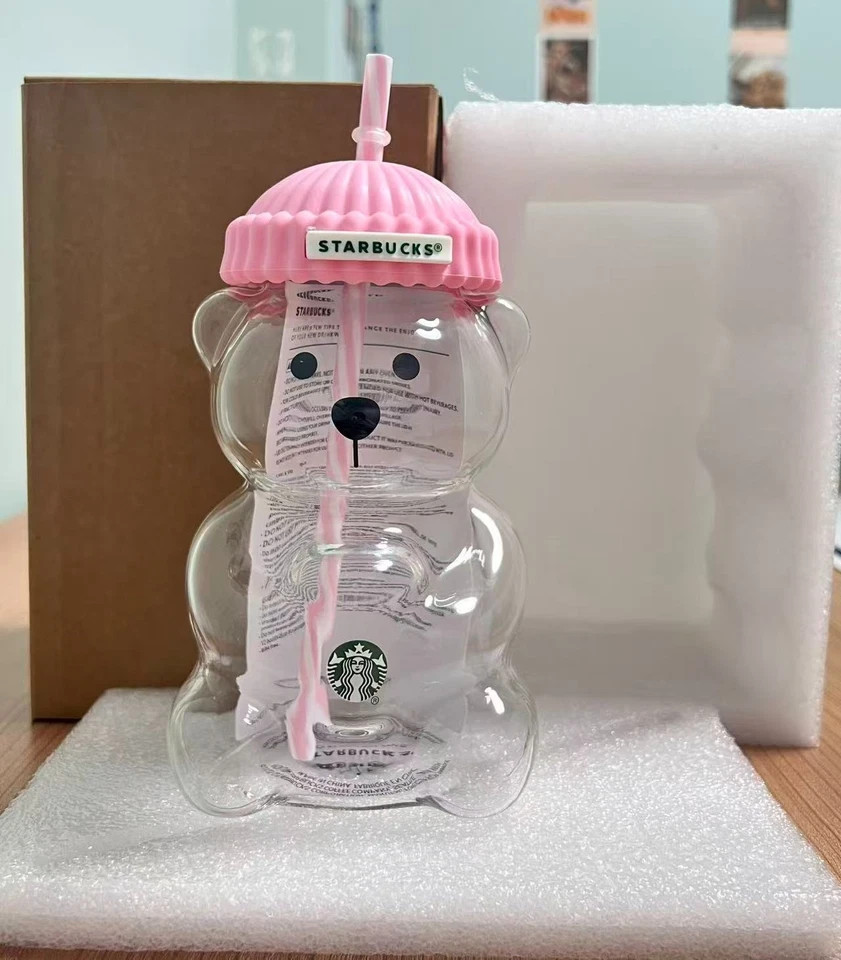 Starbucks Bearista Pink Bear Glass Tumbler Cold Cup with Straw 20oz 591ml