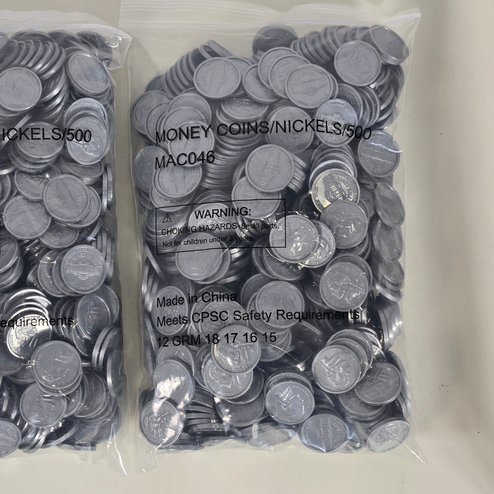 1000 Count Plastic Play Money Nickels Silver Fake Coins MAC046 2 Bags of 500