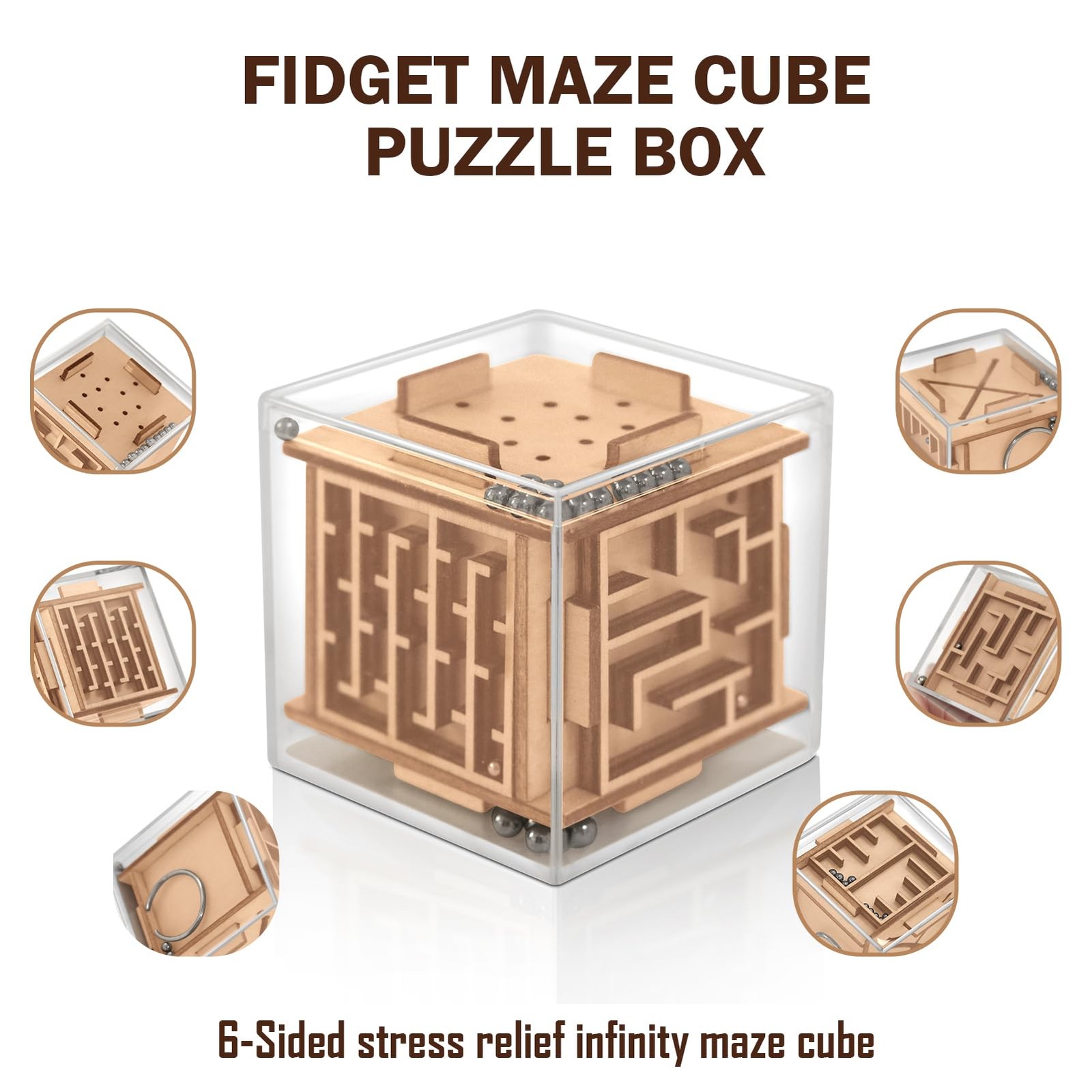 6-Sided Wooden Game Fidget Puzzle Cube Brain Teaser Toy For Kids And Adults
