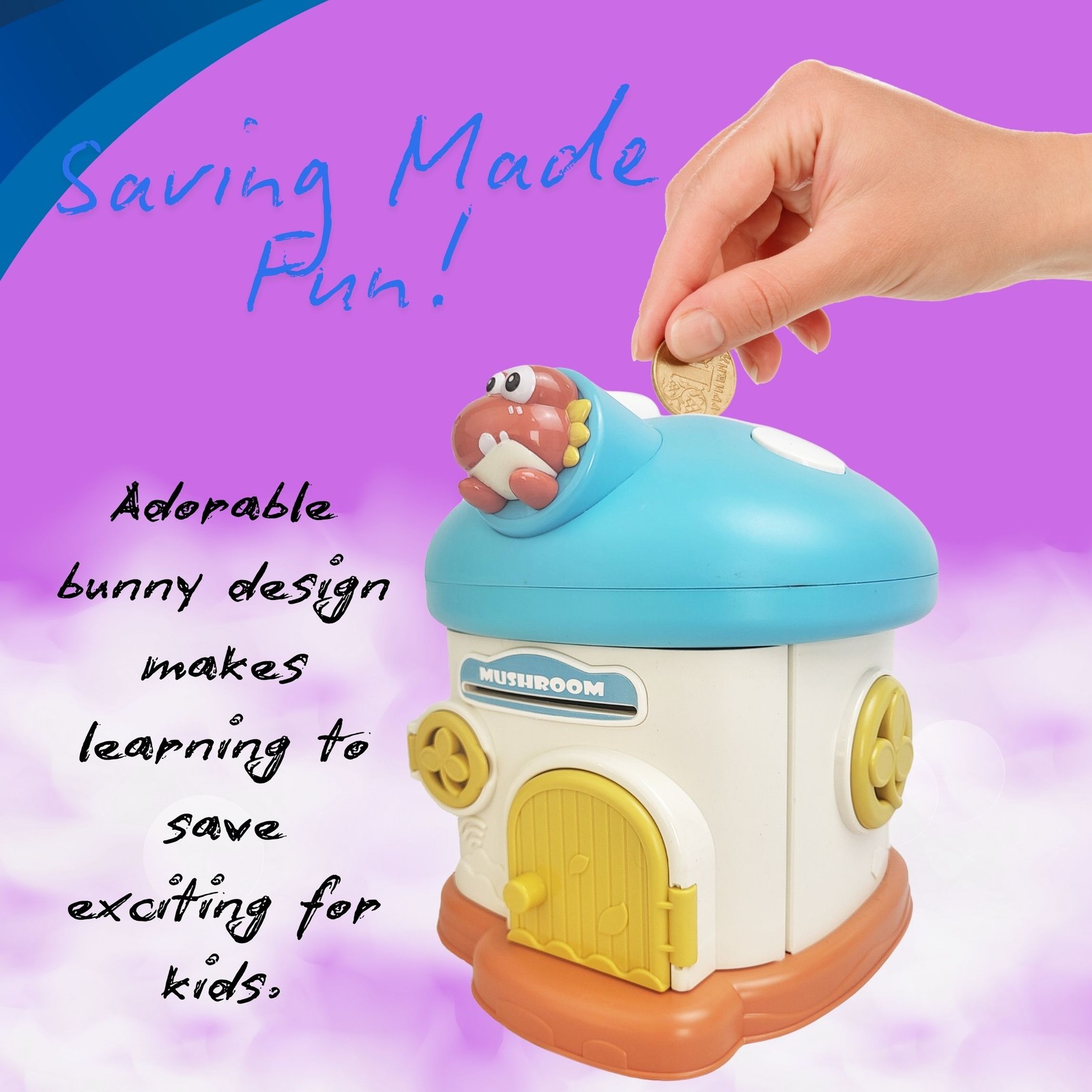 Lockable Kids Piggy Bank Mushroom Coin Box 2 Keys ASTM Non-Toxic Vinyl USA