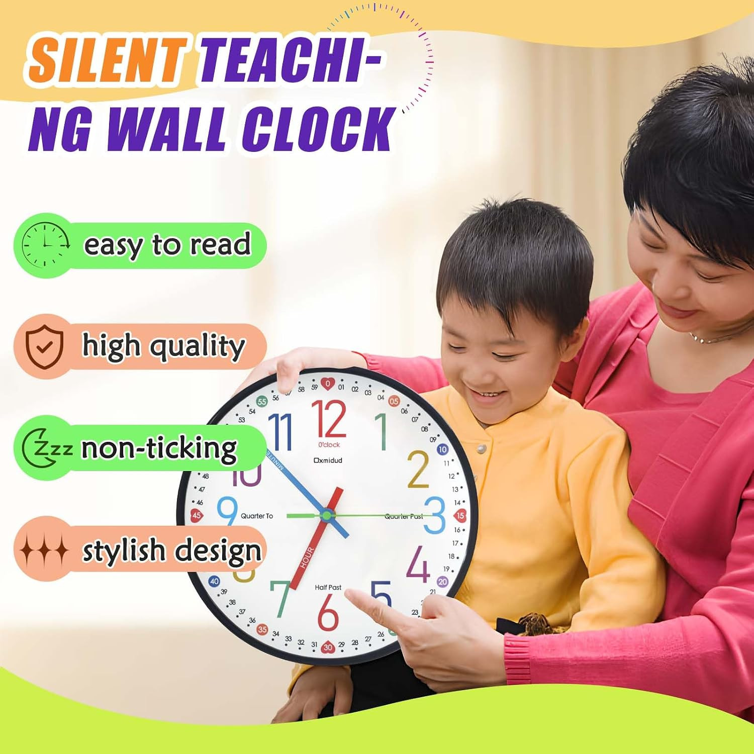 Learning Clock for Kids, 10” Silent Non-Ticking Teaching to Tell Time Colorful