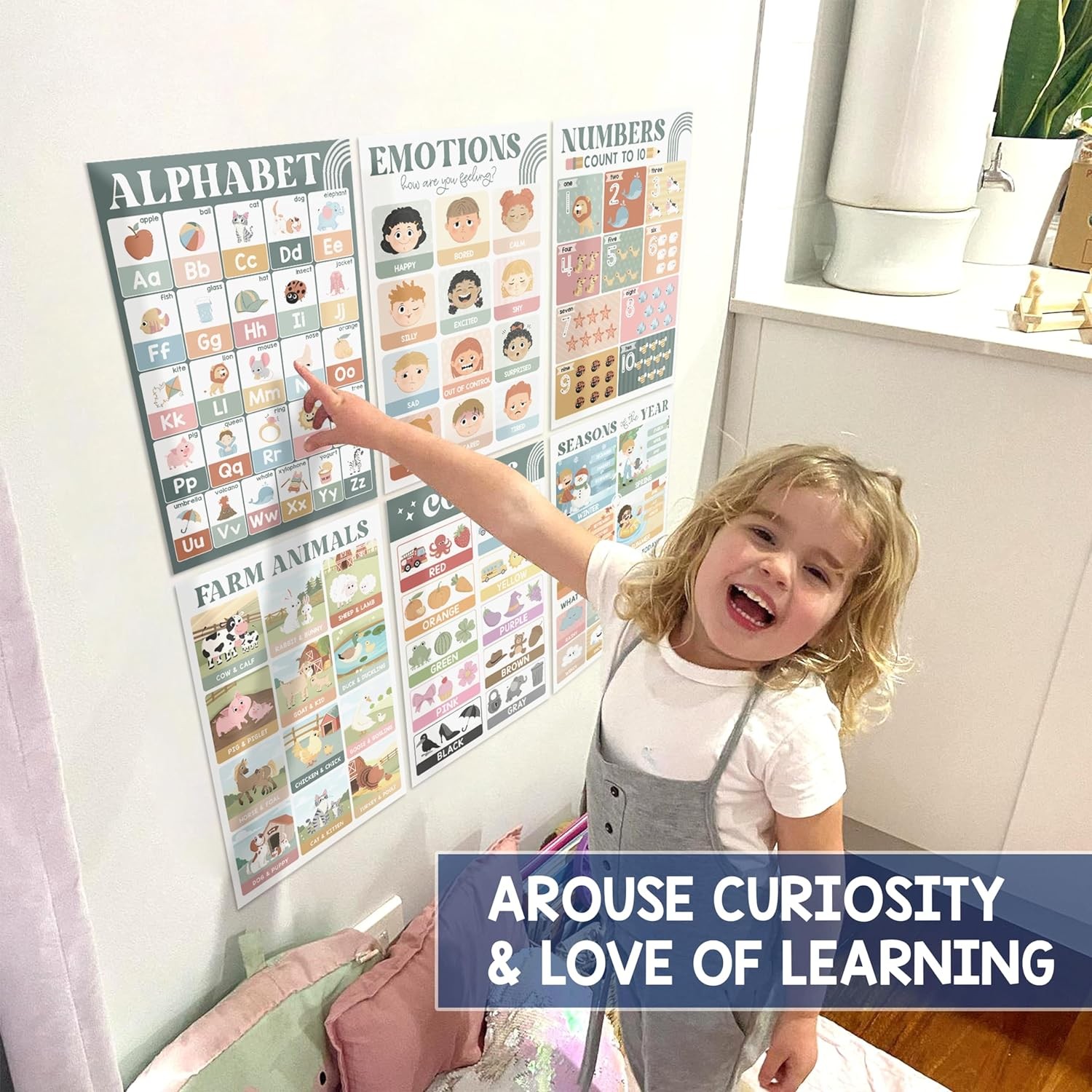 BEAWART 18 Modern Boho Educational Posters for Preschoolers – Laminated Pre-K an