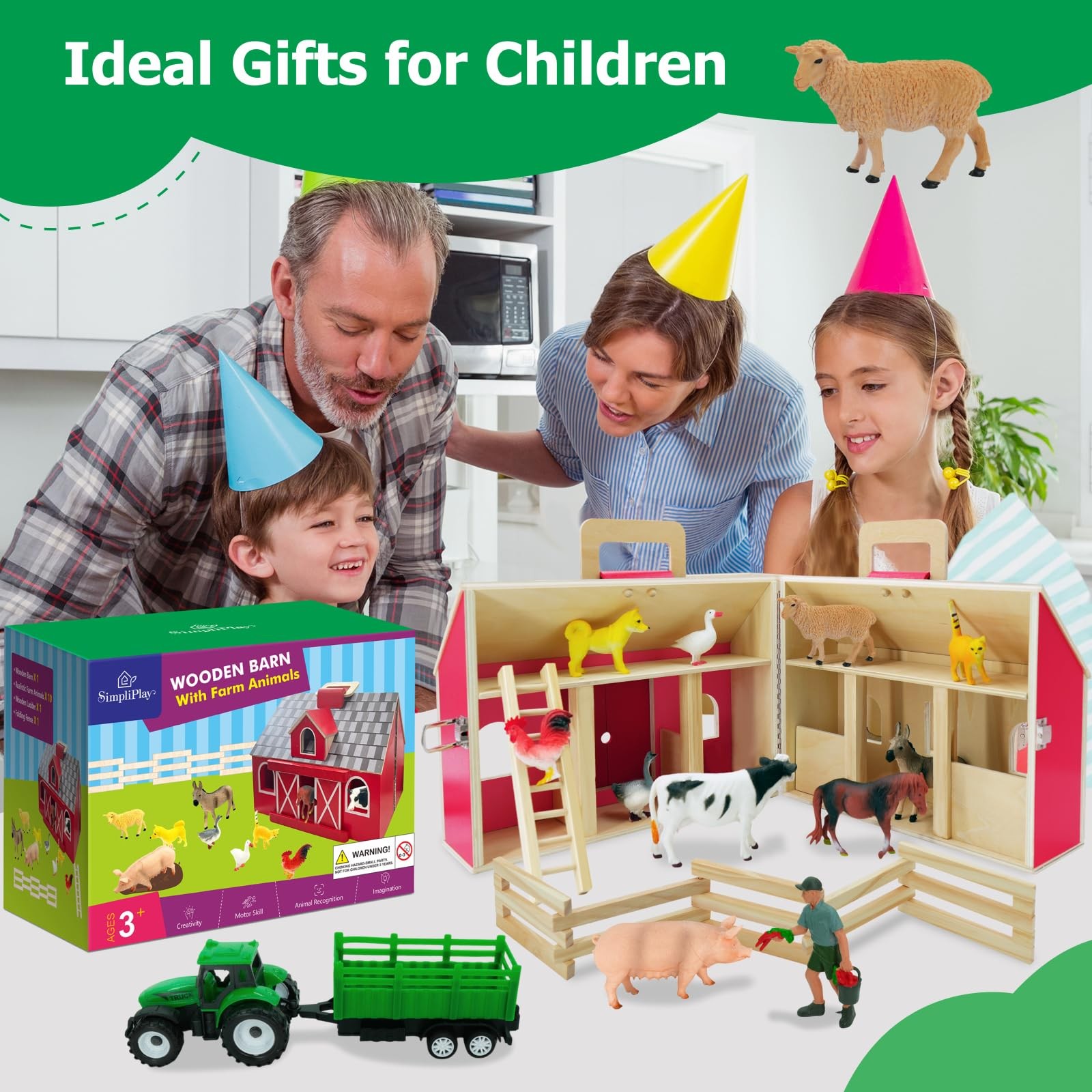 SIMPLIPLAY Farm Animal Toys with Portable Large Wooden Barn for Kids 3+ Years…