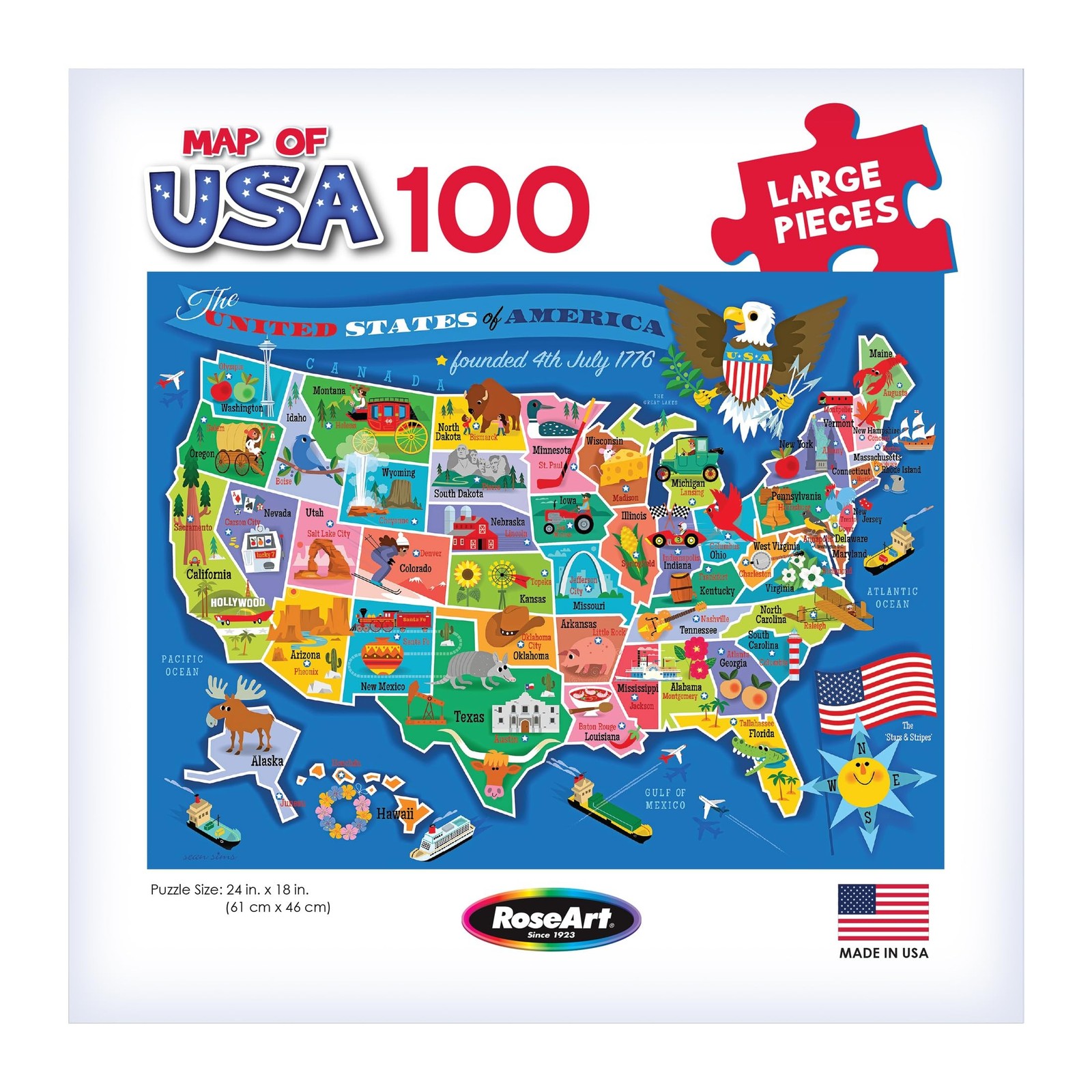 United States Map Puzzle 100 Large Pieces Kids Educational 24×18 Inch Set