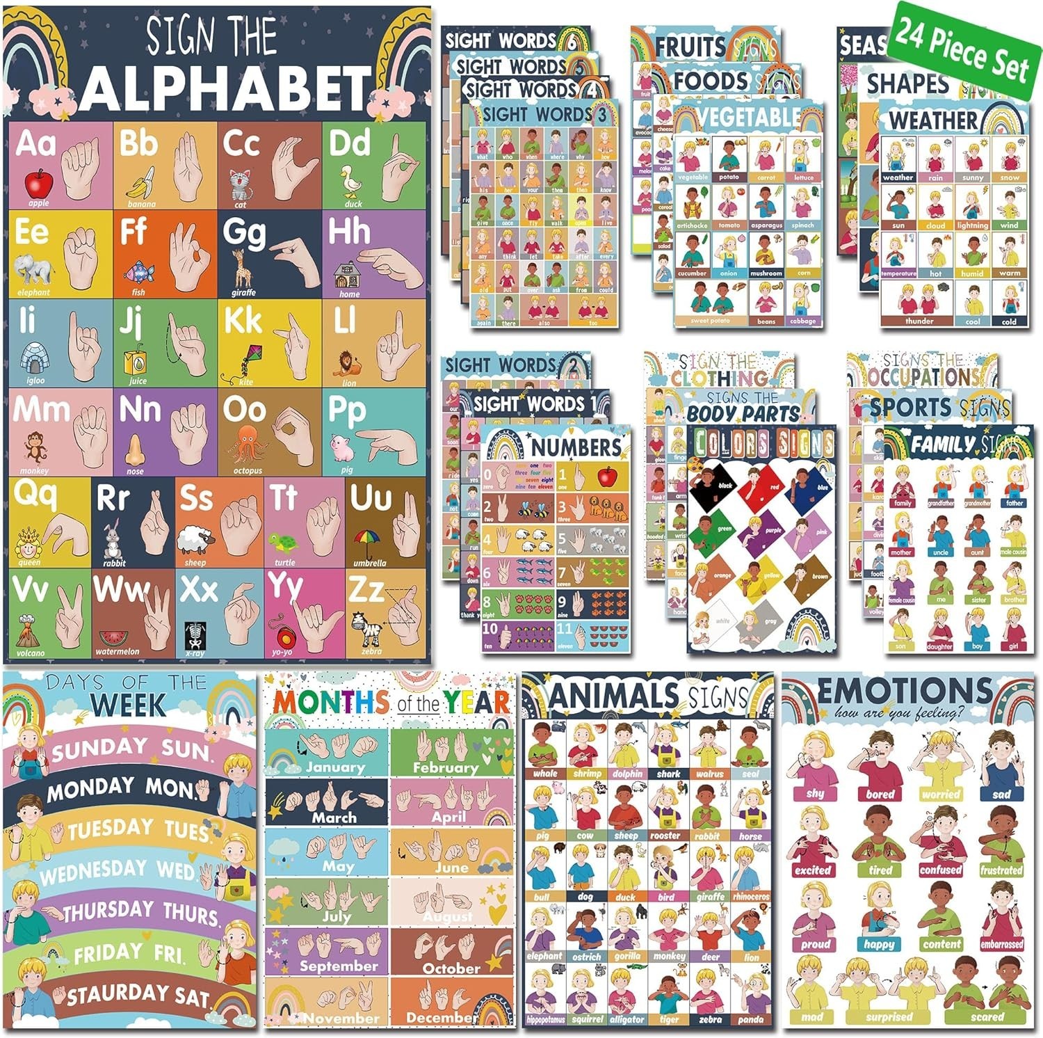 24 ASL Posters for Kids – Alphabet, Numbers, Colors, Seasons