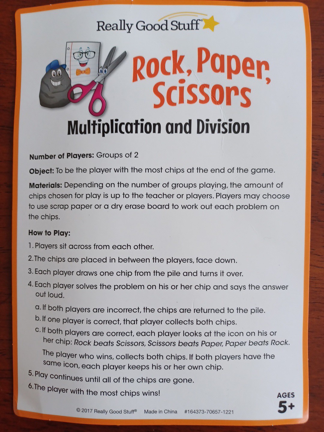 Rock, Paper, Scissors Multiplication & Division Game By Really Good Stuff