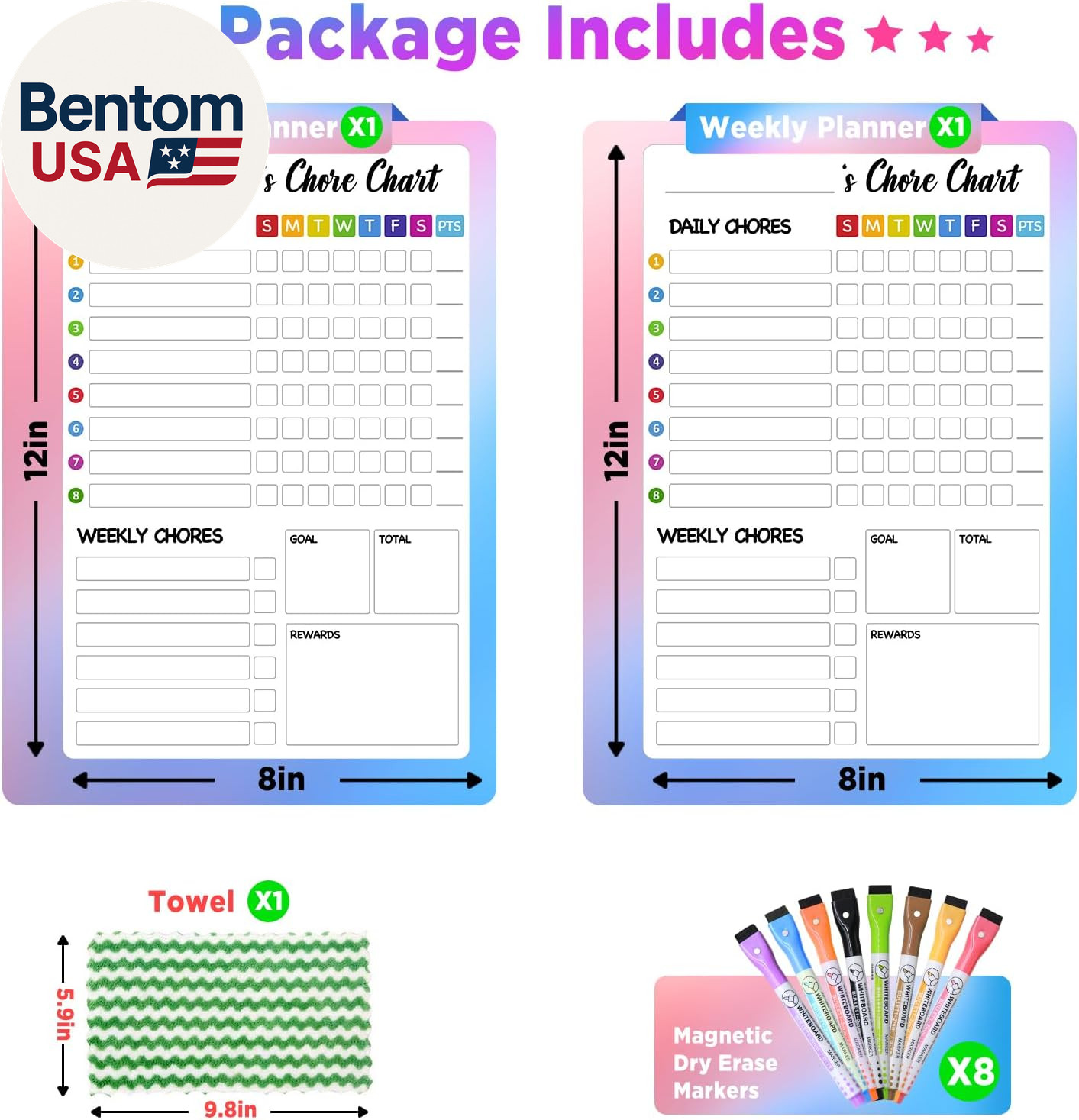Chore Chart for Kids with 8 Markers, 2 Pack 8″X12″ Dry Erase Chore Chart for Mul