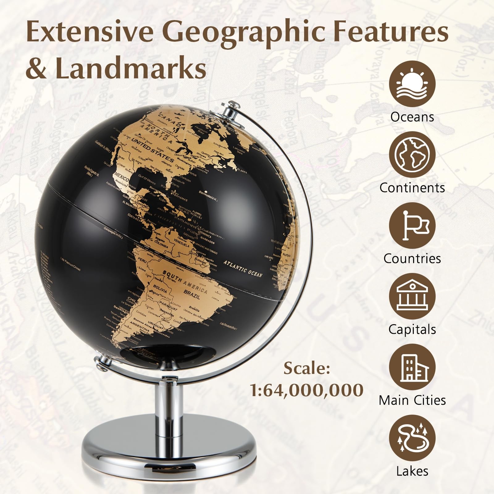 Toolsempire 8″ World Globe, Black Earth Globe with Gold Accents, Metal
