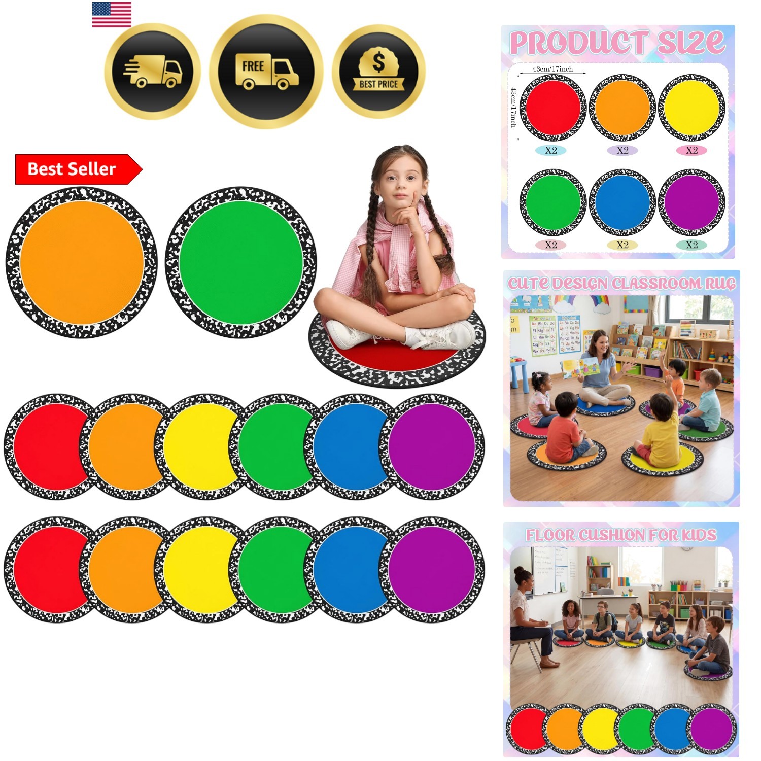 12 Pcs Rainbow Classroom Decor Carpet Seats for Preschool Kindergarten Learni…