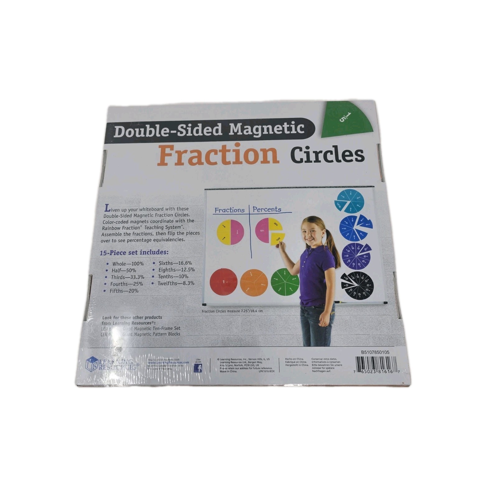 Learning Resources Double-Sided Magnetic Fraction Circles 51 Piece Set LER1616