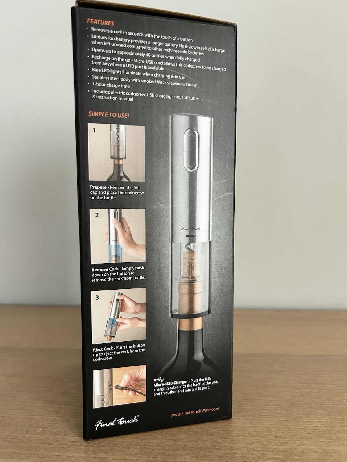 Final Touch Electric Corkscrew with Lithium-Ion Battery | Easy Cork Removal,USB