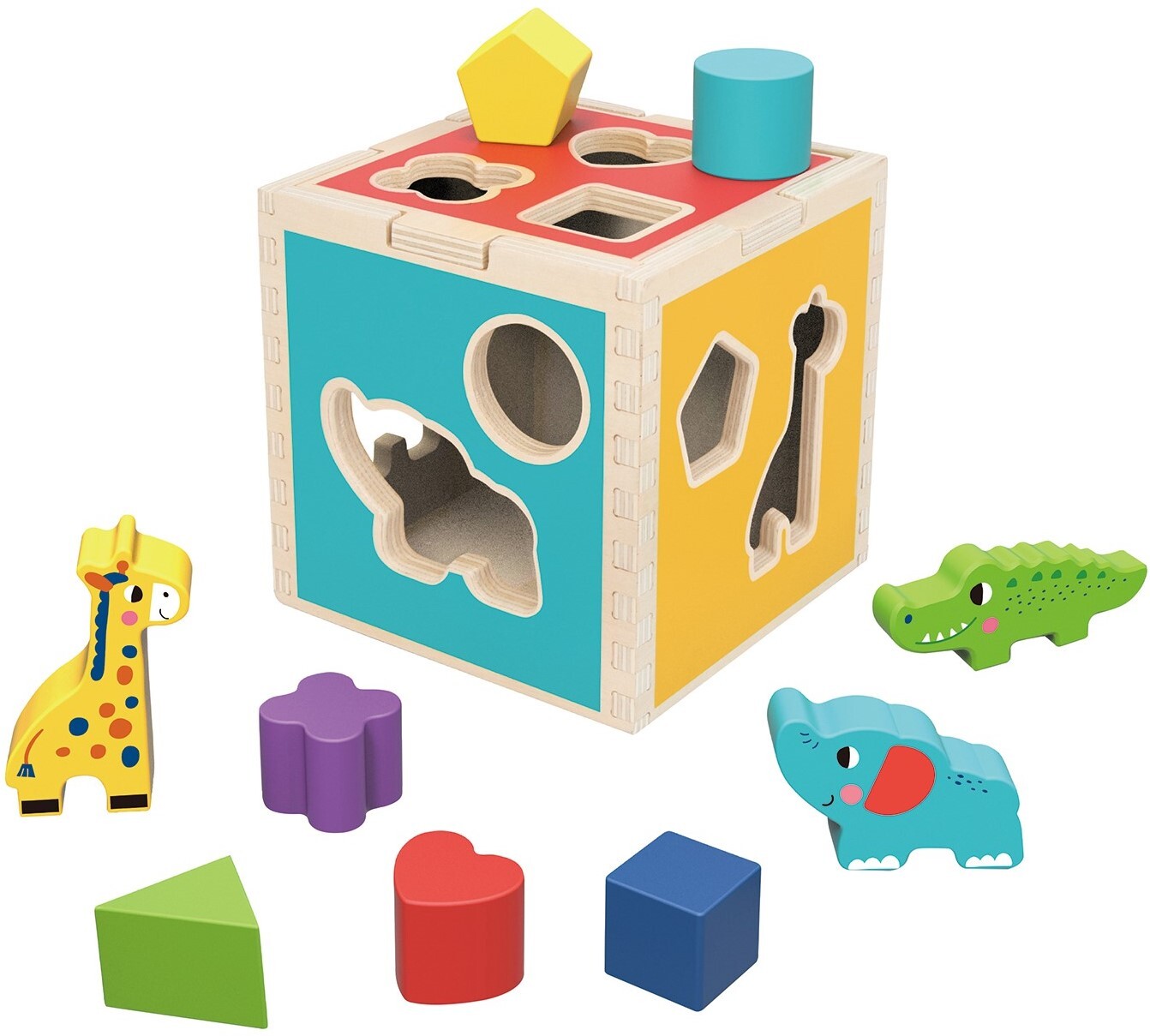 TOOKYLAND Wooden Shape Sorting Cube – Toy with Animal and Geometric Blocks, 12m+